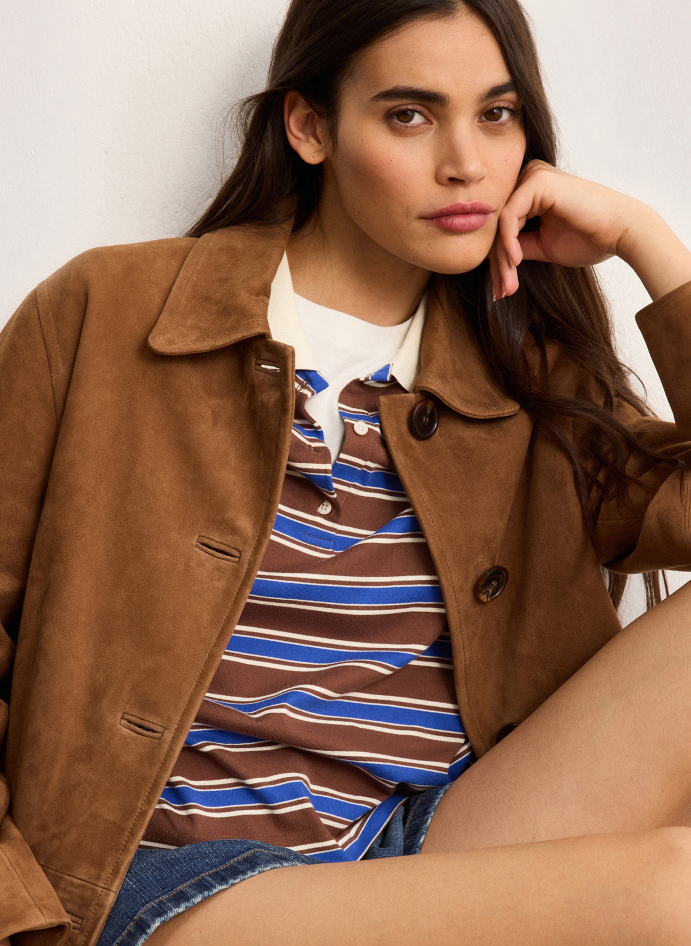 Straight jacket with classic collar in suede leather PABLO Brown