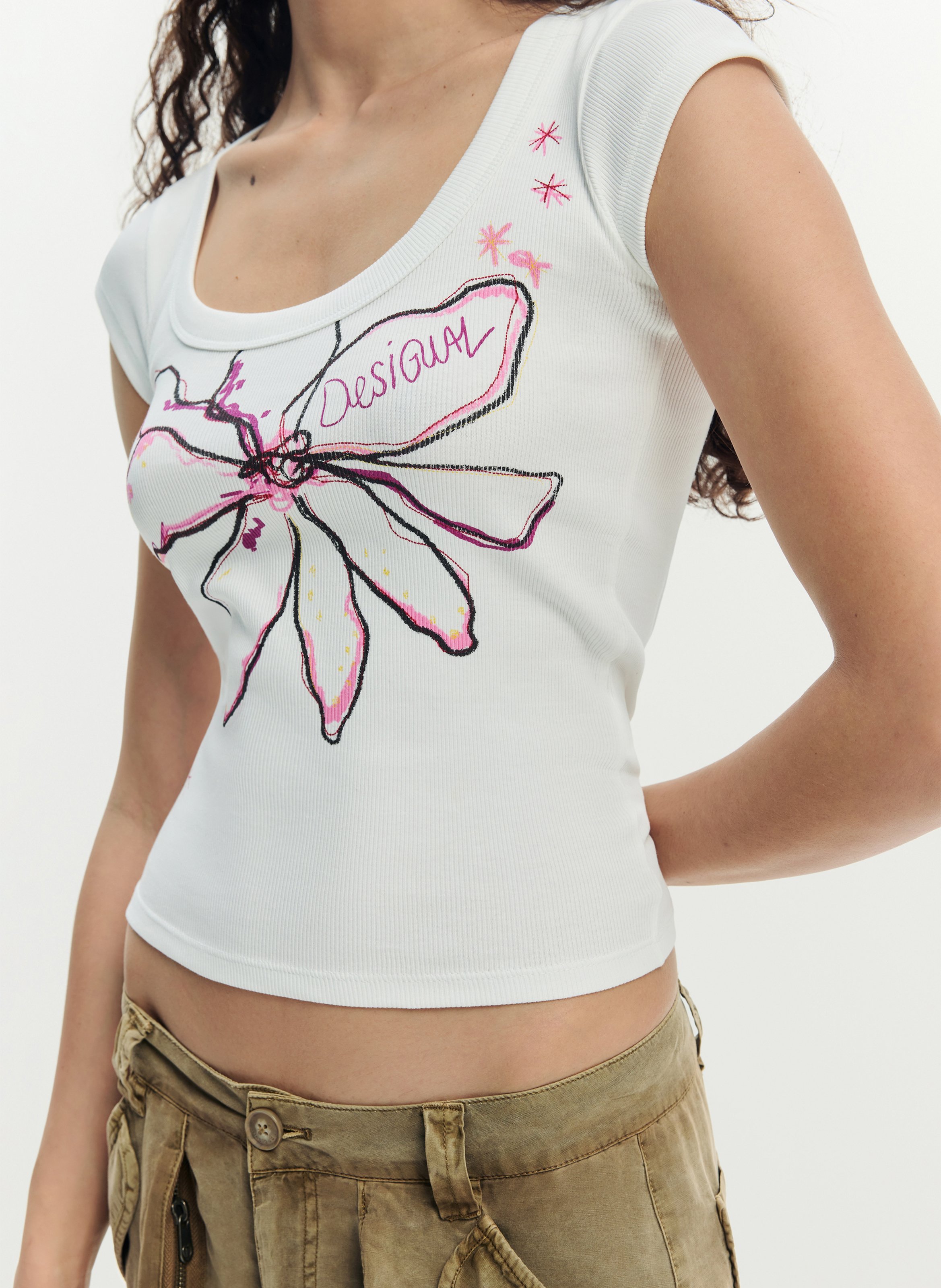 Gerade geschnittenes Rundhals-T-Shirt mit Print DESIGUAL Weiss