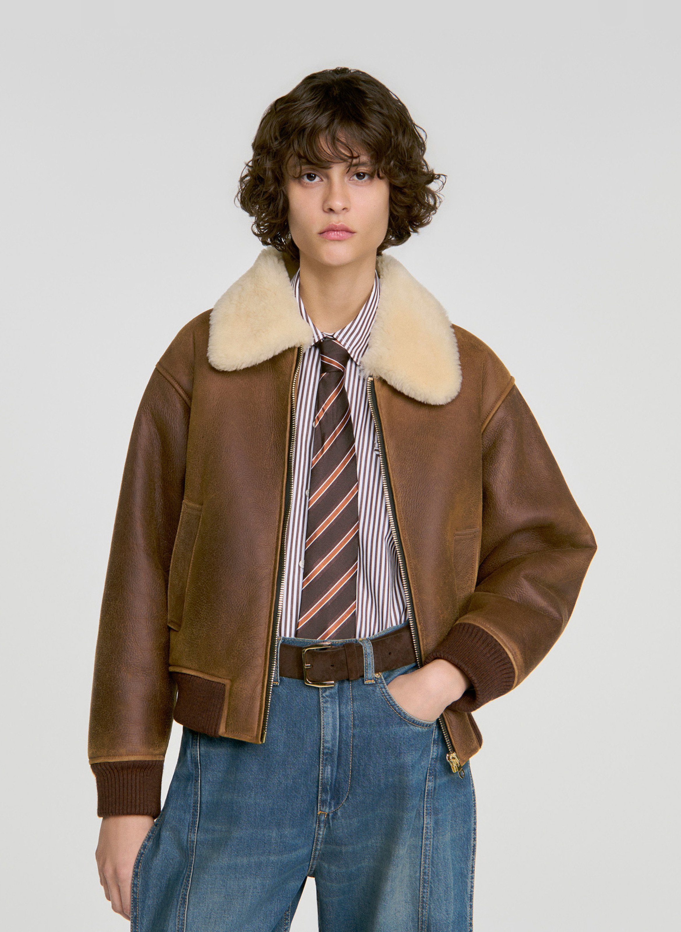 Blouson droit en cuir SANDRO Marron