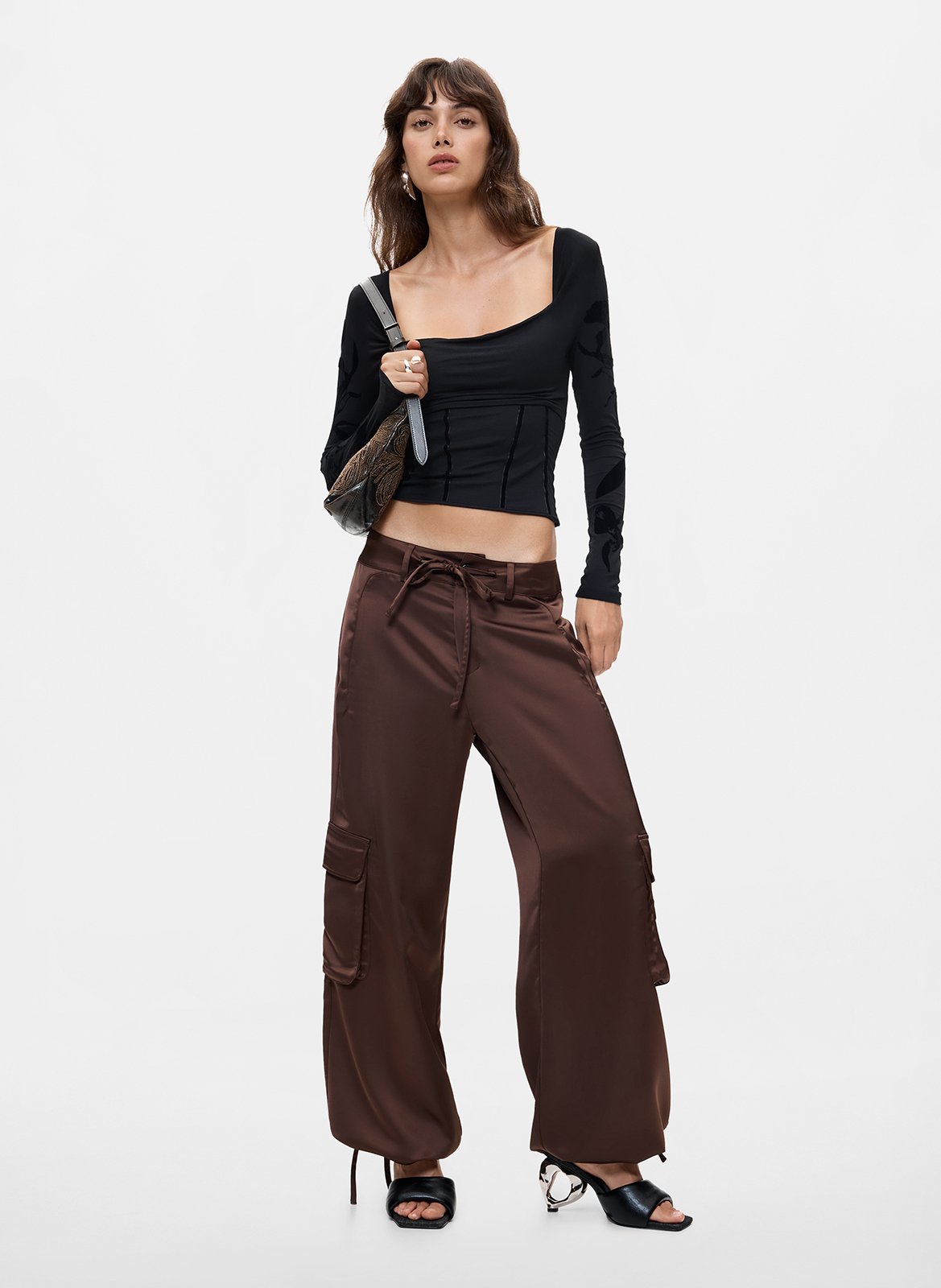Satin wide leg cargo pants DESIGUAL Brown