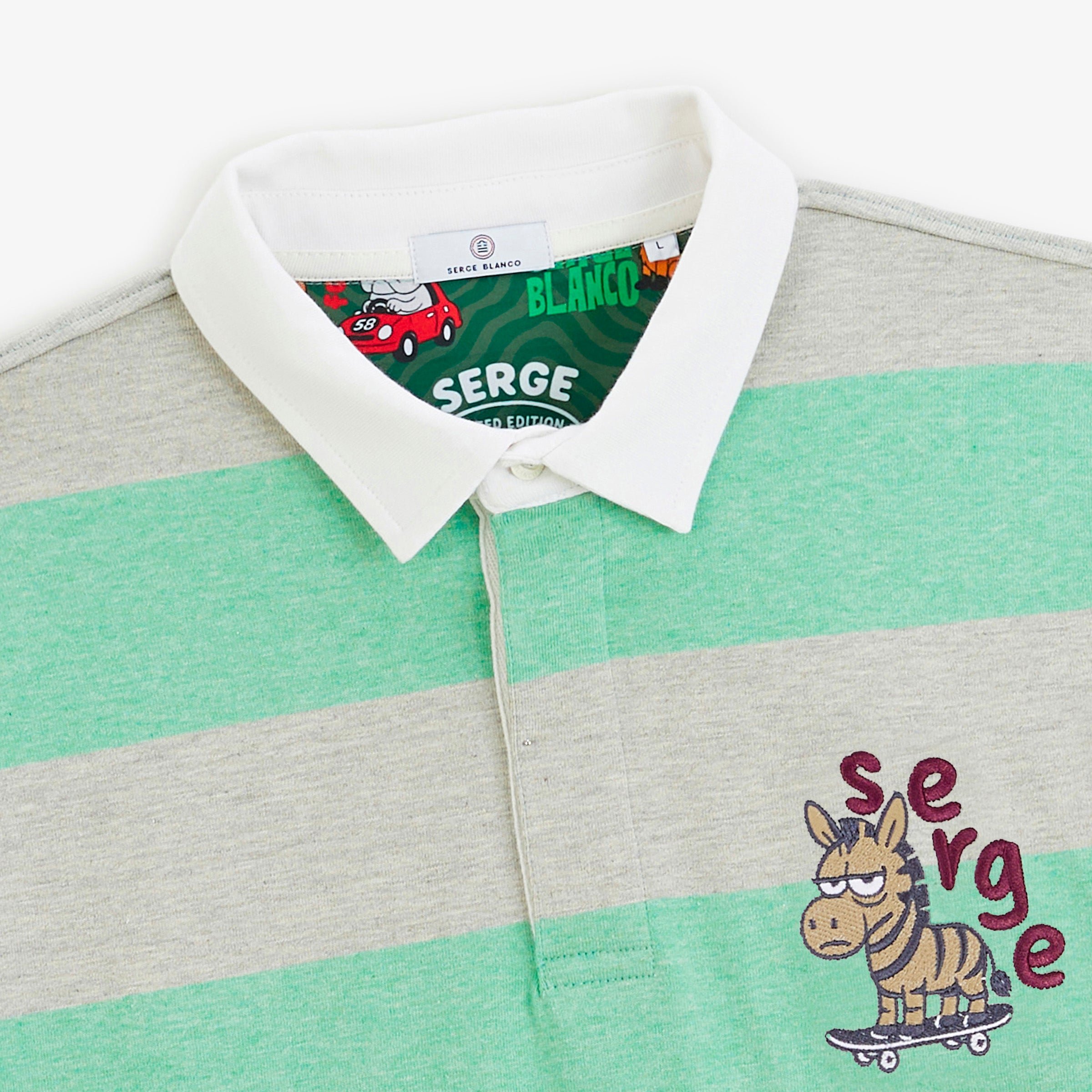 Striped long-sleeved rugby polo shirt with FUNKY ANIMALS embroidery SERGE BLANCO Grey