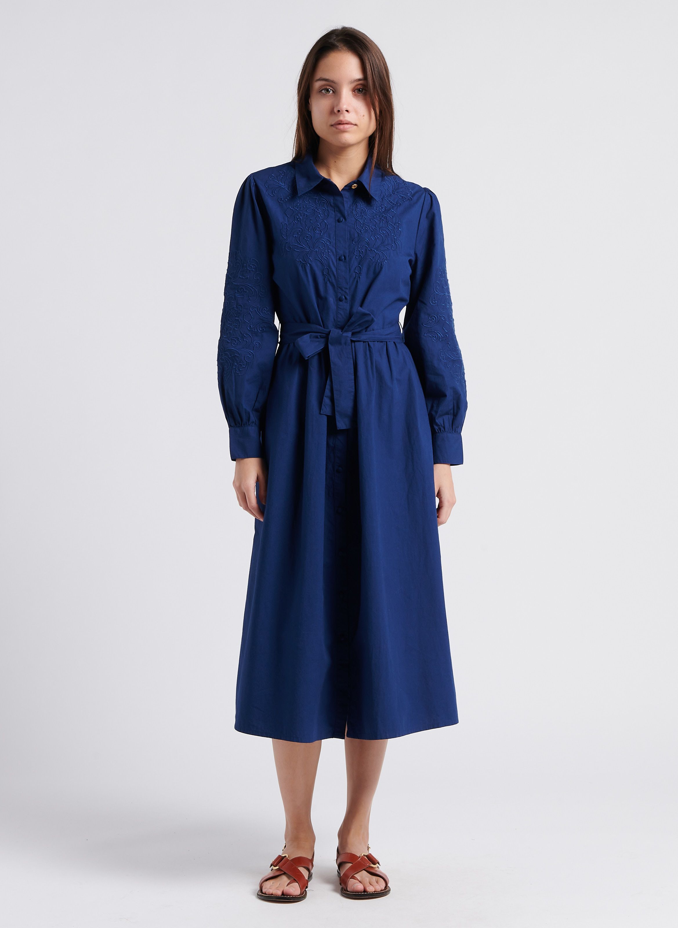 Robe longue vas e col classique en coton Bleu