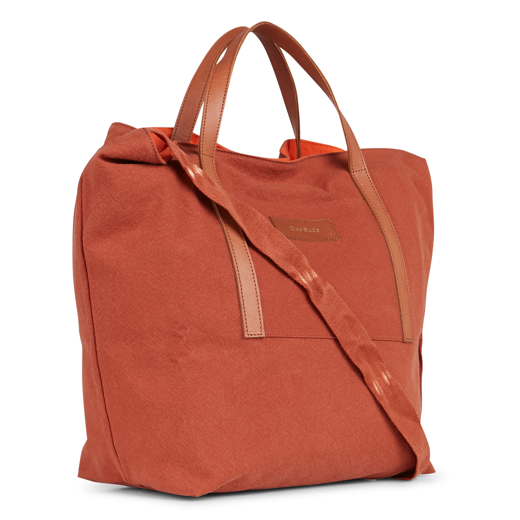 Leather and organic cotton Bi-material effect tote bag CRAIE STUDIO Orange
