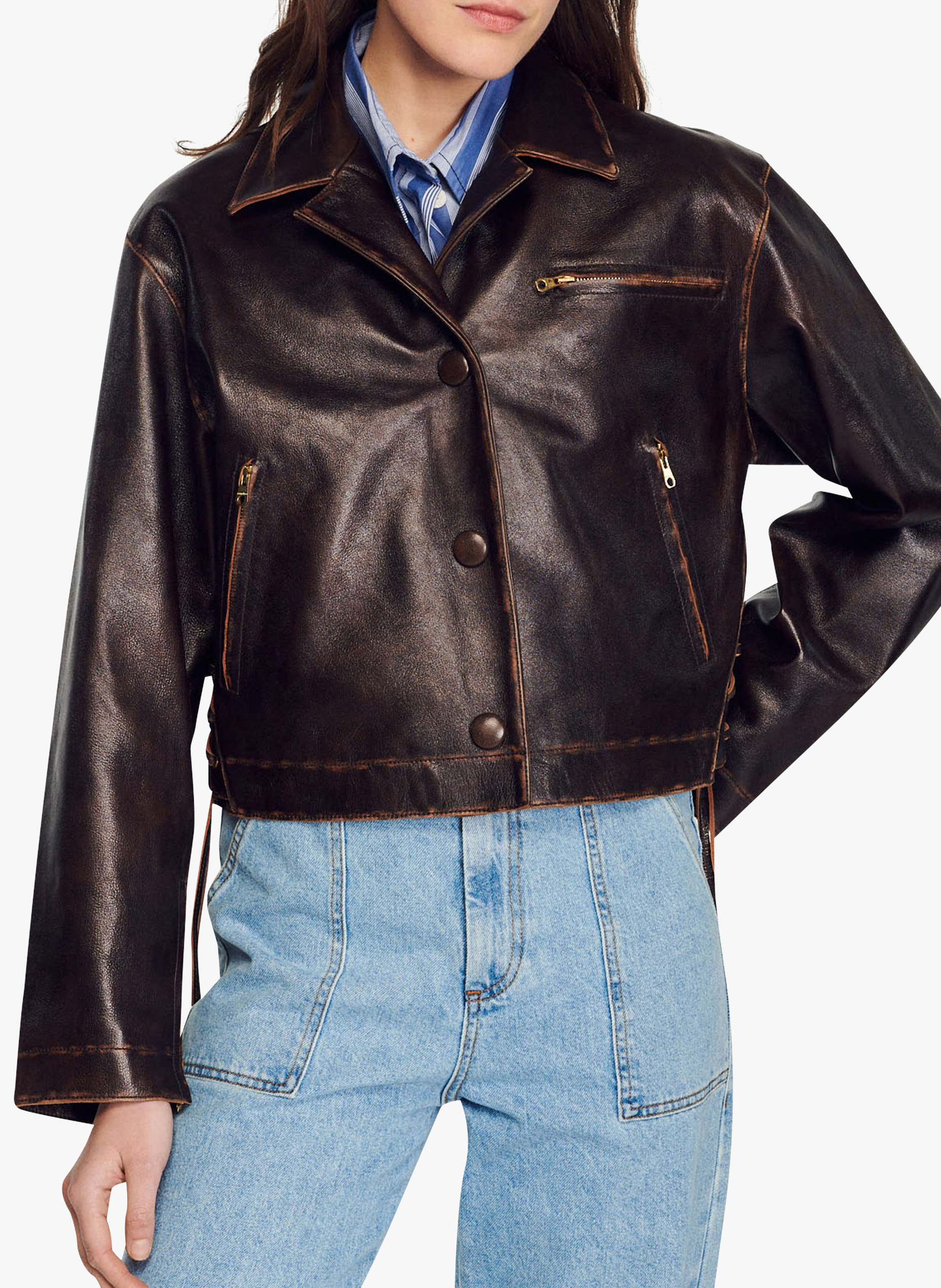 AMERI CRUSHED LEATHER COAT- ameri vintage CRUSHED LEATHER COAT
