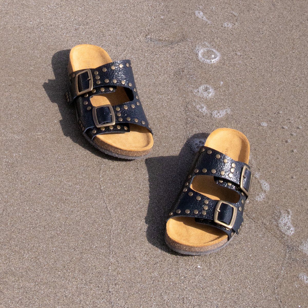 Metallic leather cork Mules with studs JULES & JENN Black