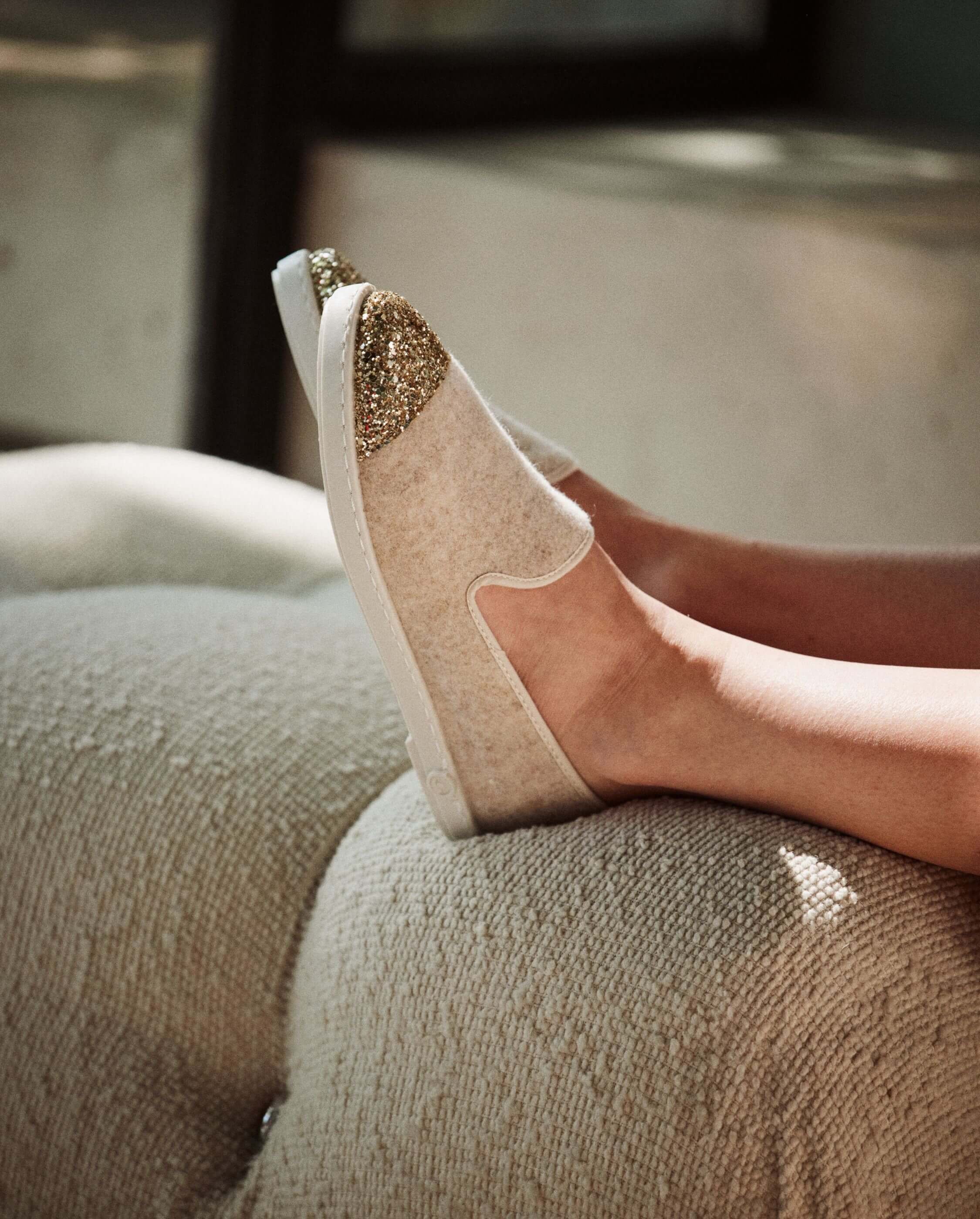 Women's wool slippers, beige with sequins ANGARDE Beige