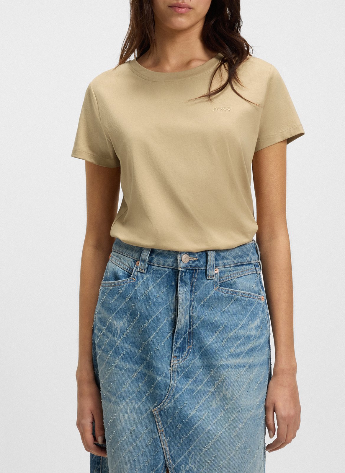 Tee-shirt droit col rond brodé en laine vierge BOSS