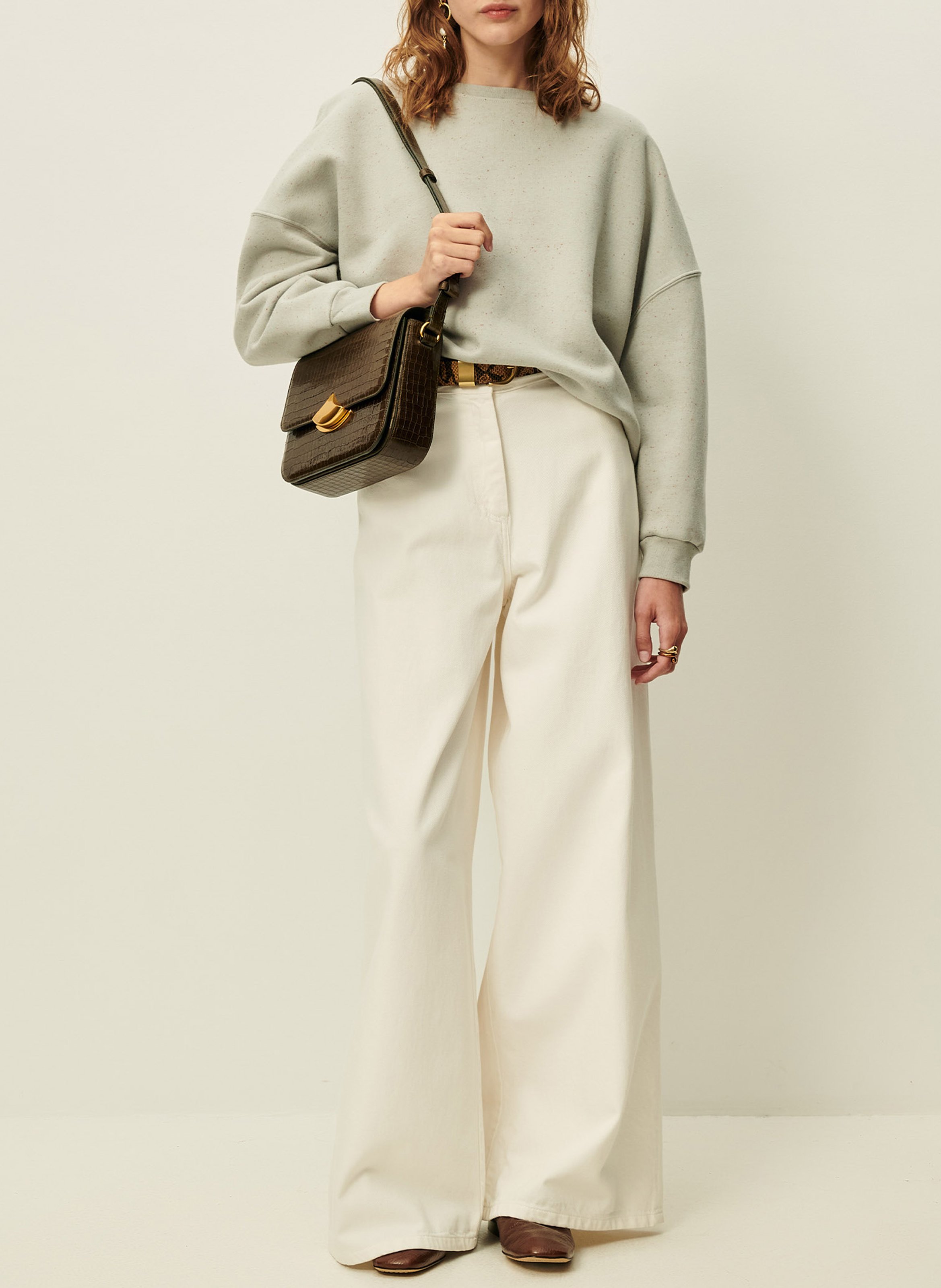 Loose-fit round-neck flecked organic cotton-blend sweater SESSUN Blue