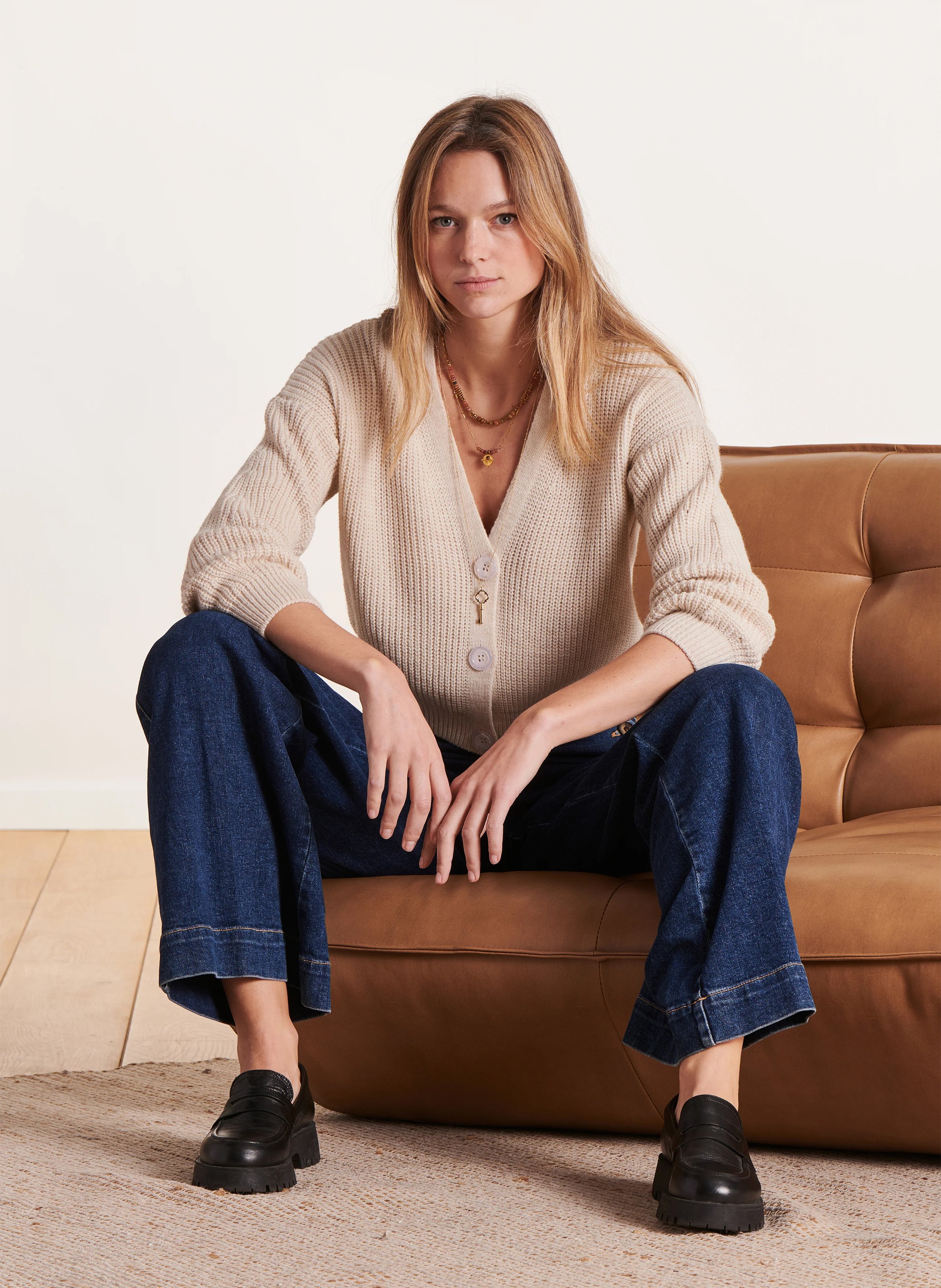 Mixed-knit V-neck cardigan LA FEE MARABOUTEE White