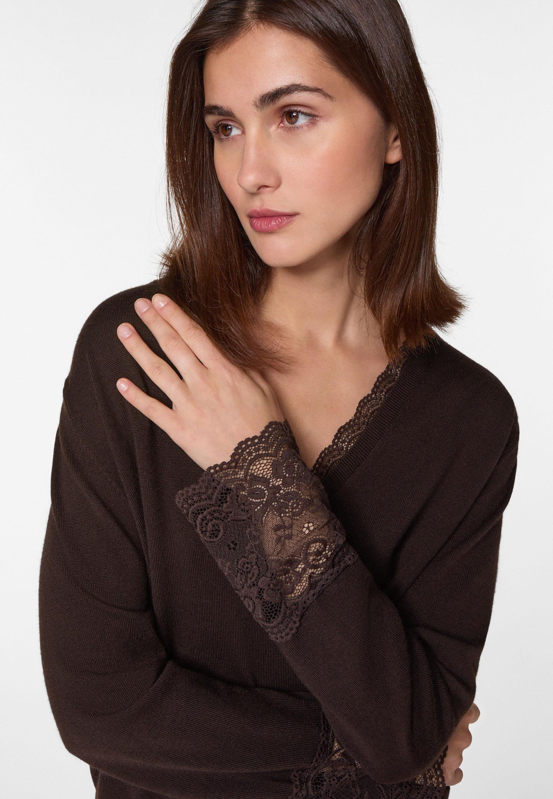 V-neck wool sweater with lace trim RODIER Brown