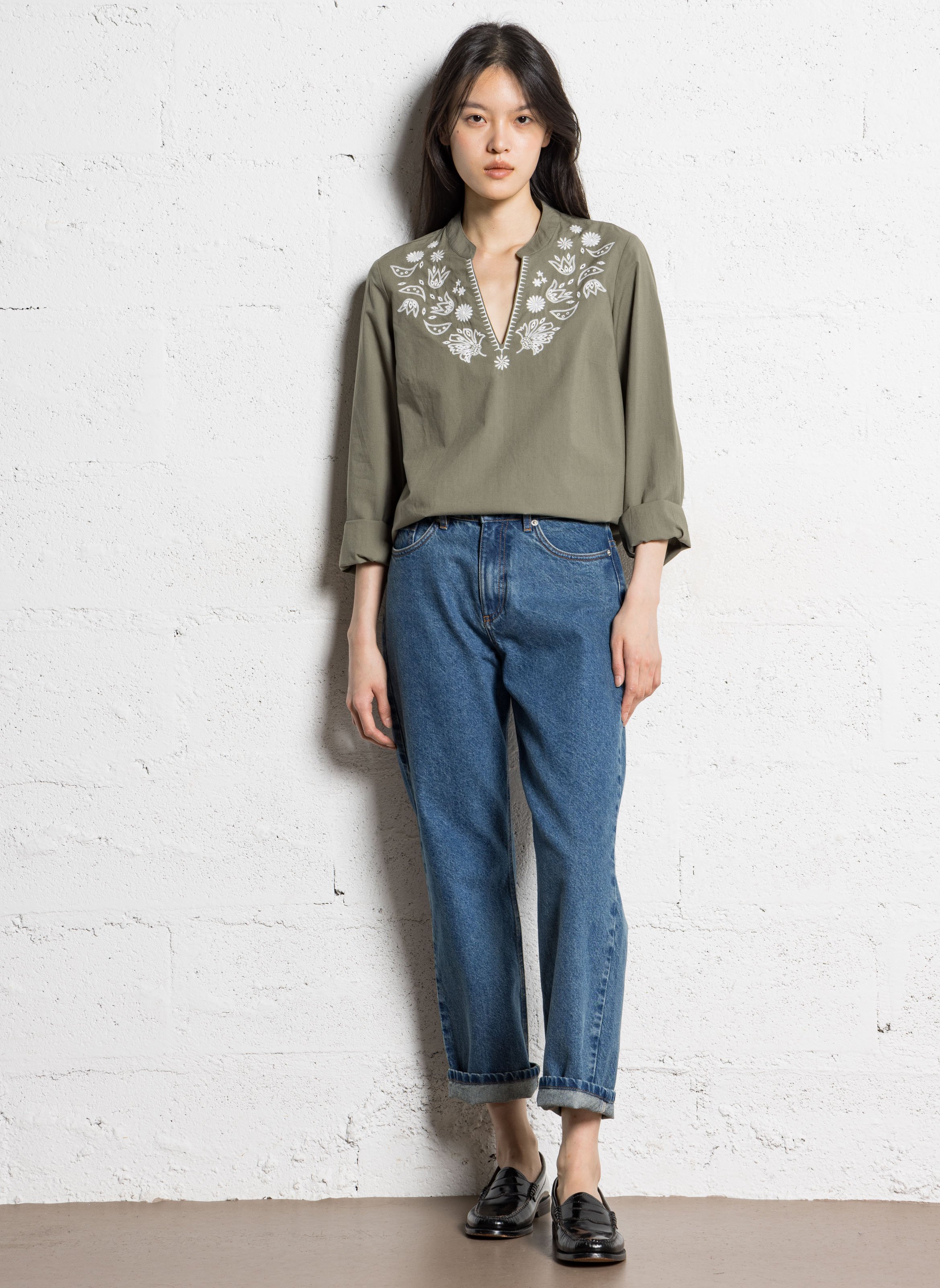 Oversized V-neck cotton embroidered blouse IKKS Khaki