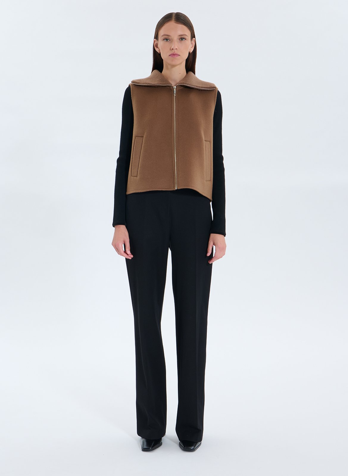 Straight zip-up wool blend vest ZAPA Brown