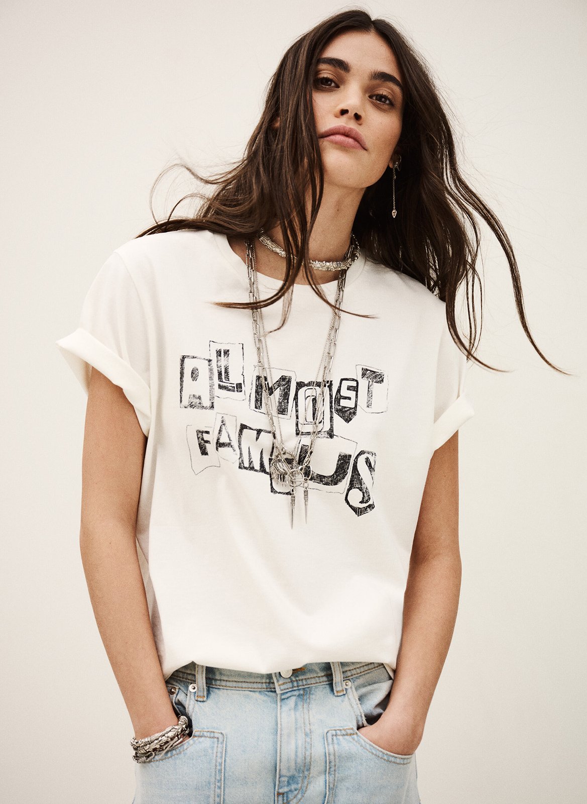 Tee-shirt droit col rond en coton sérigraphié BA&SH Beige