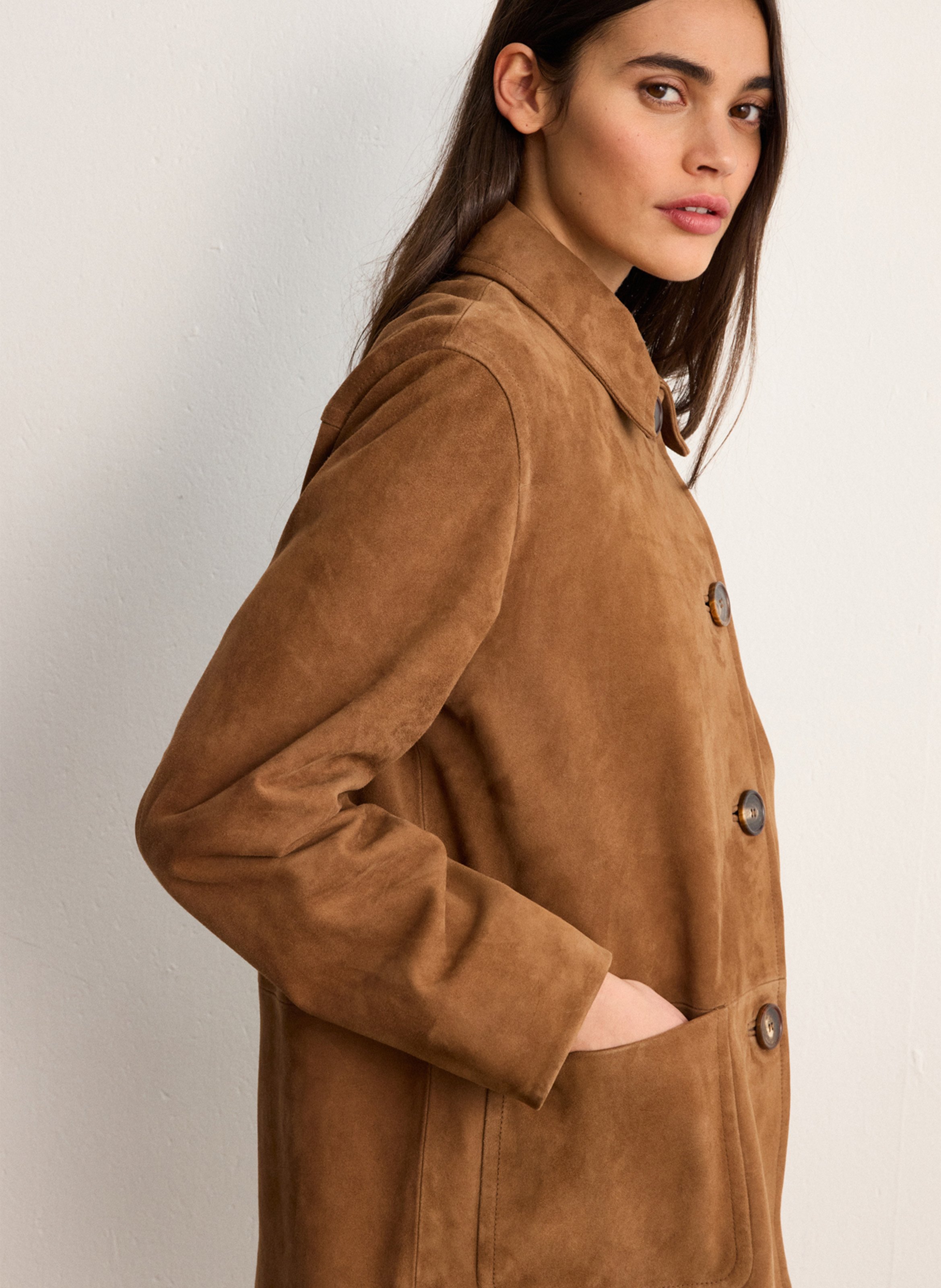 Straight jacket with classic collar in suede leather PABLO Brown