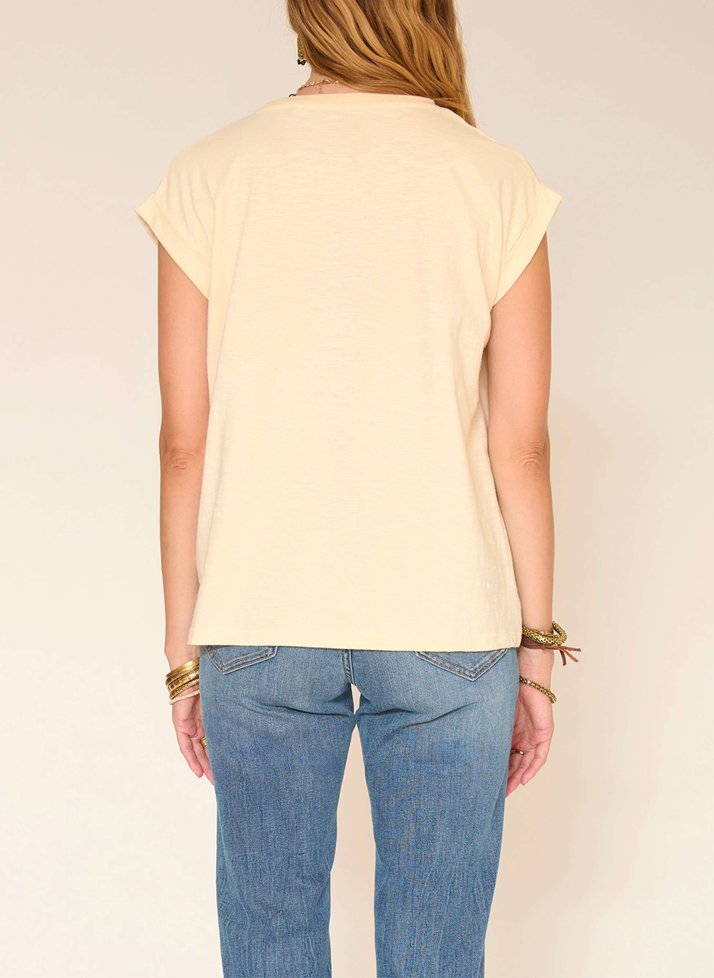 Straight round-neck cotton T-shirt with screen print MKT Beige