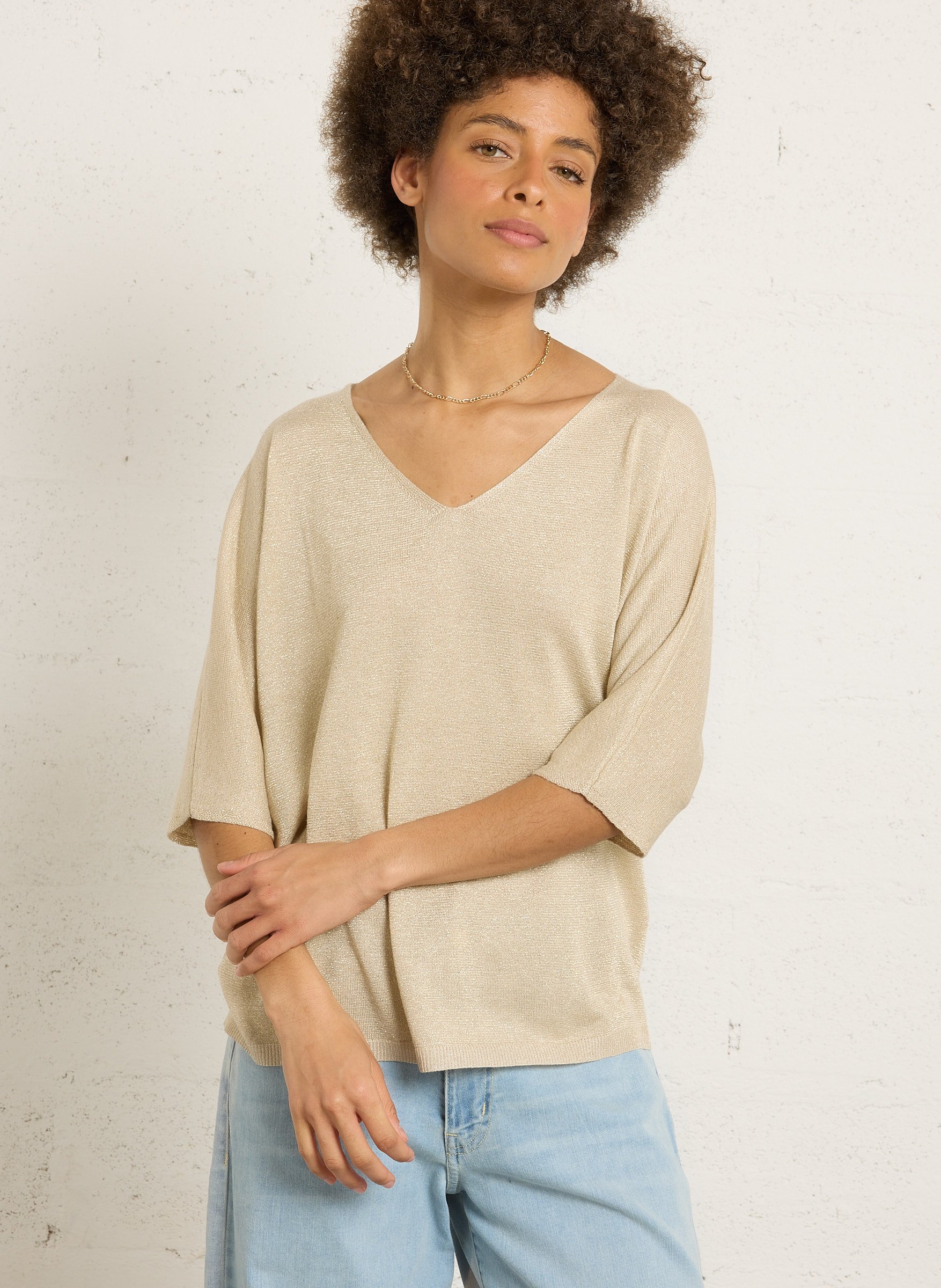 Pull col V oversize pailleté SUD EXPRESS Doré