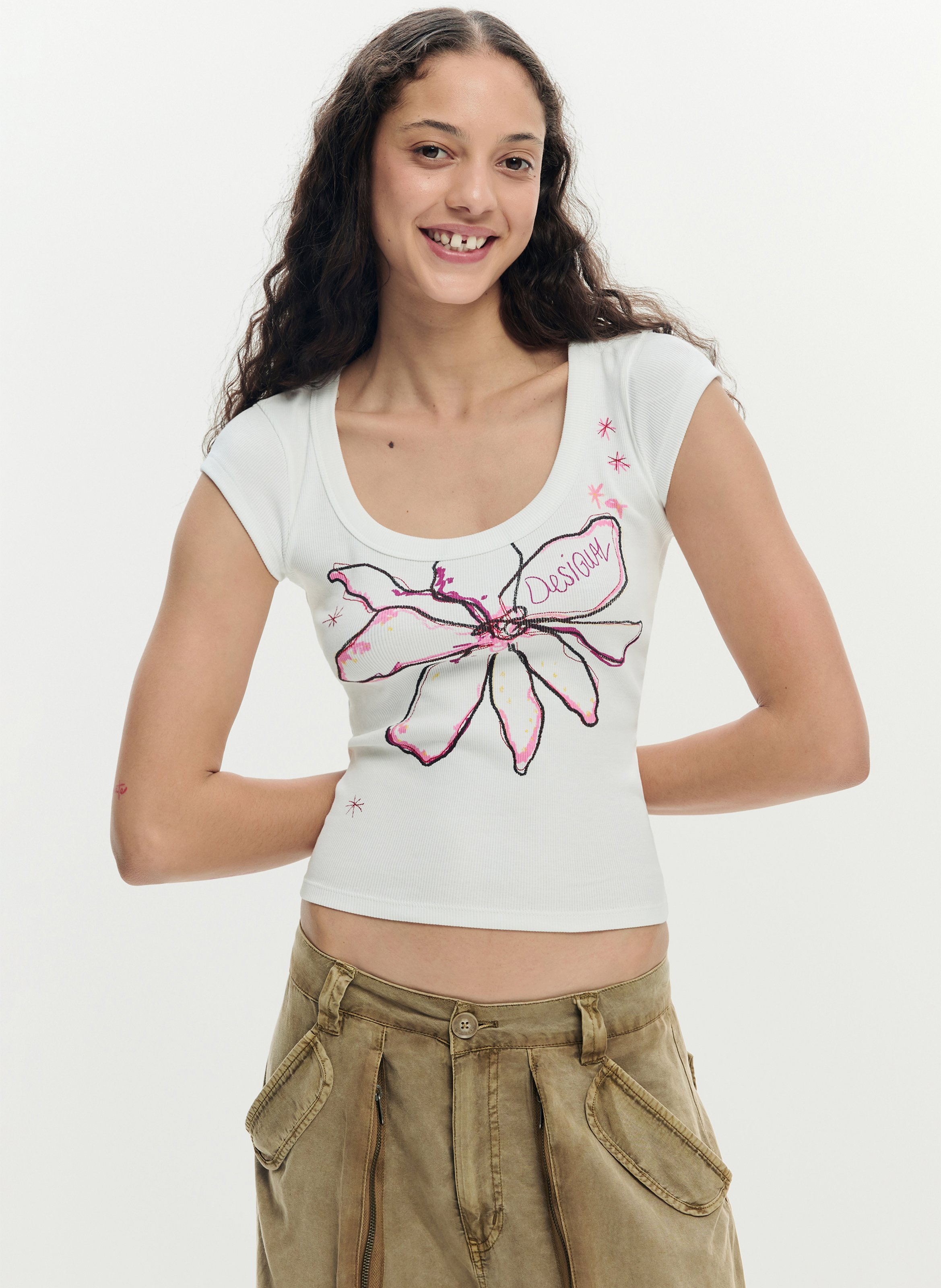 Gerade geschnittenes Rundhals-T-Shirt mit Print DESIGUAL Weiss