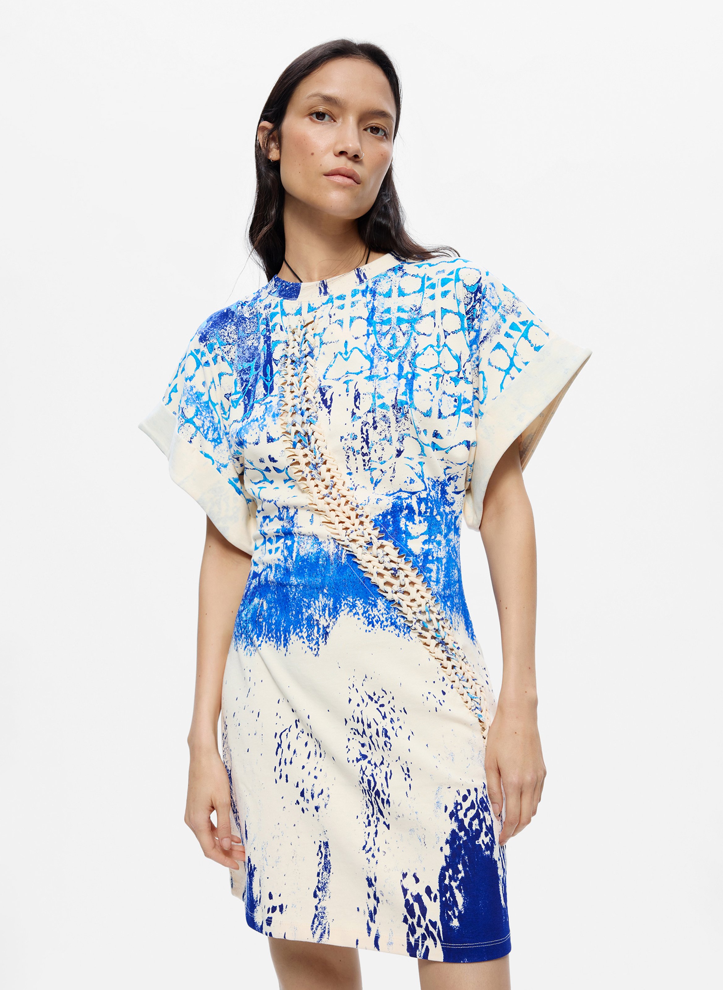 Korte, katoenen jurk met ronde hals en print DESIGUAL Wit