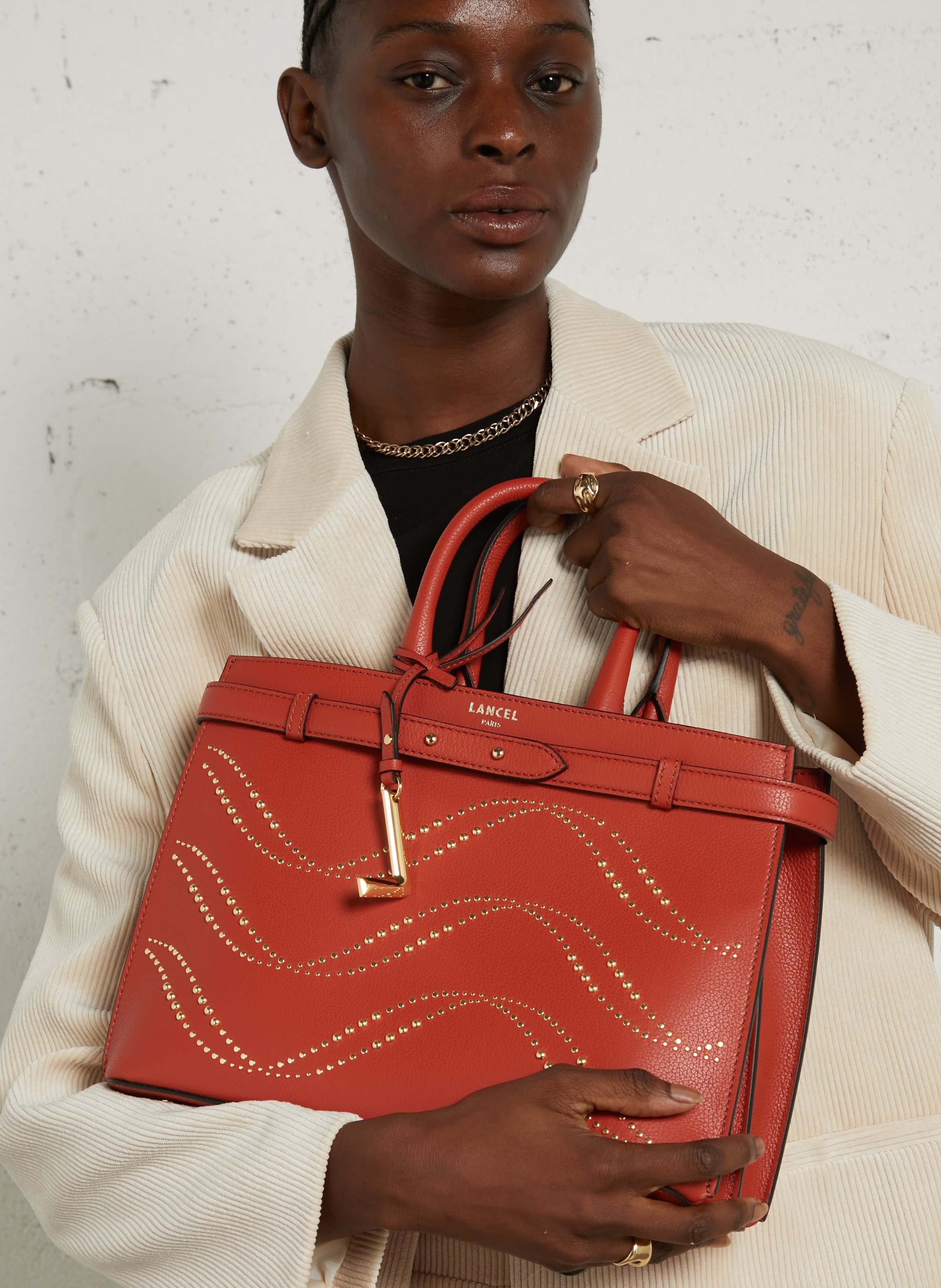 Sac porté main à strass en cuir LANCEL Orange