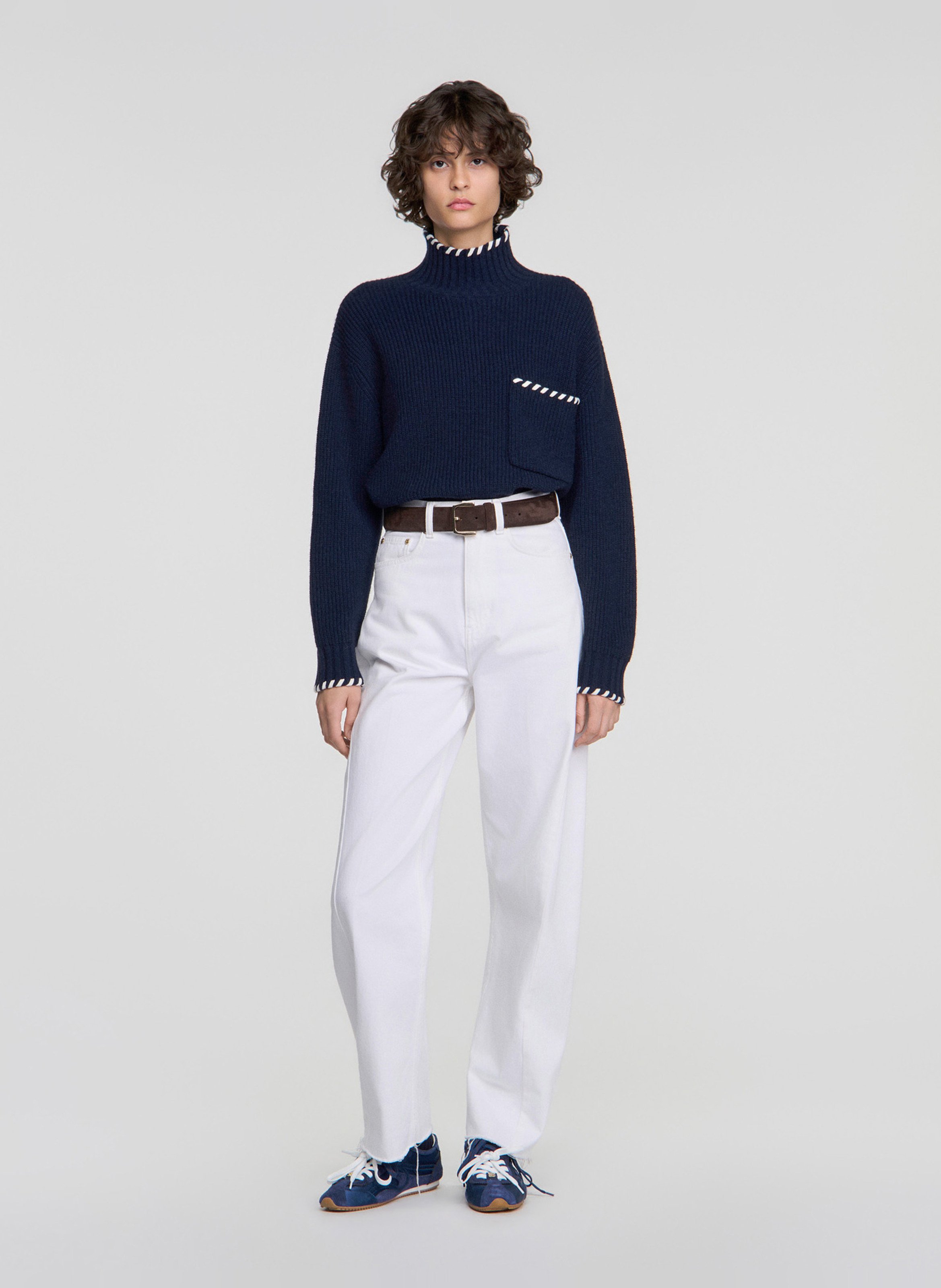 Pull col montant ample en laine SANDRO Bleu