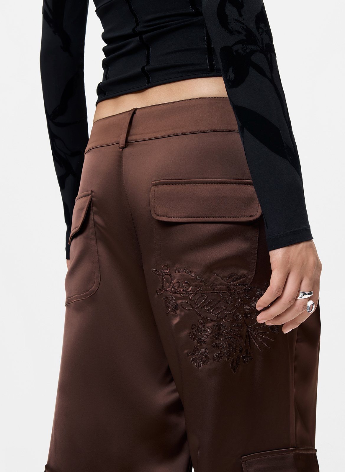 Satin wide leg cargo pants DESIGUAL Brown