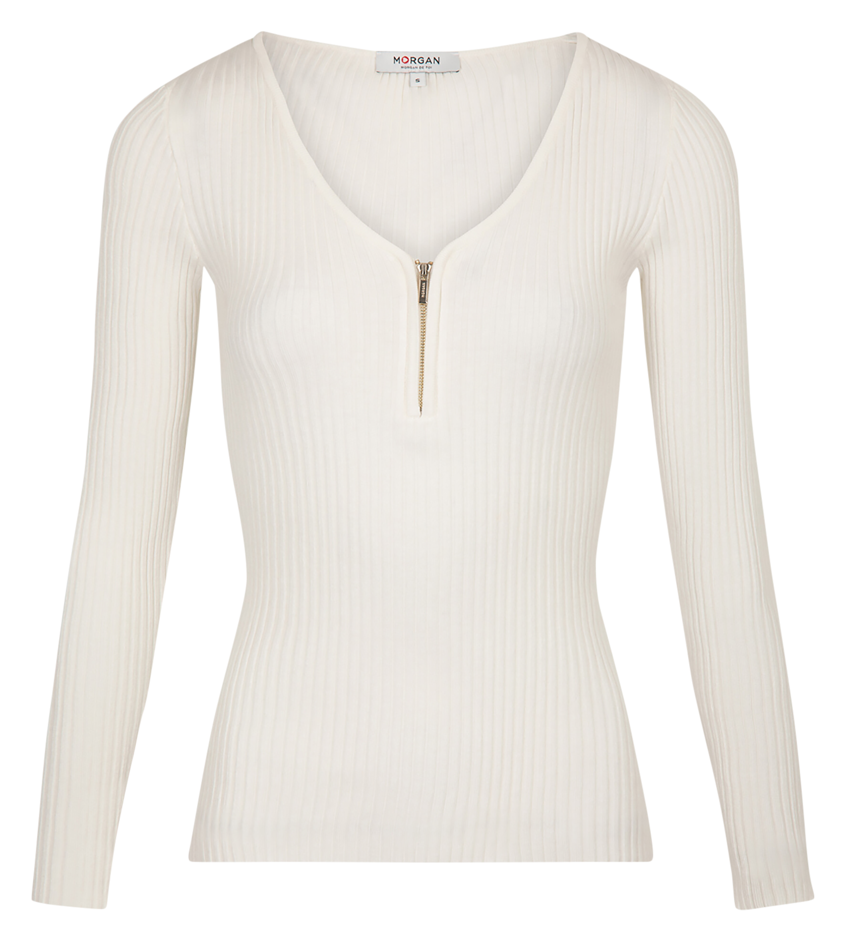 Trui van ribtricot met V-hals en rits MORGAN Beige
