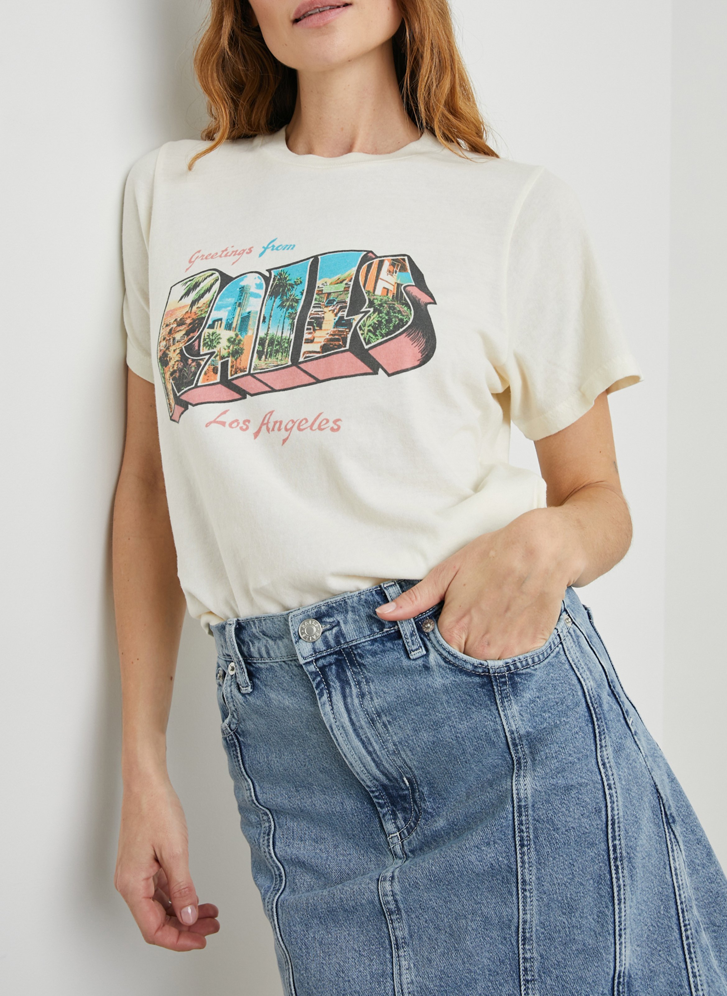 Tee-shirt droit col rond sérigraphié en coton RAILS Beige