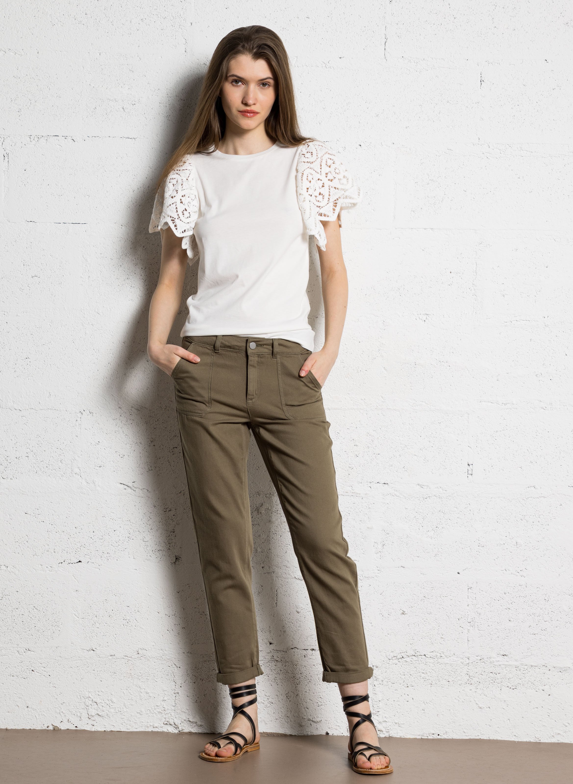 Pantalon slim taille haute en coton MAISON 123 Vert