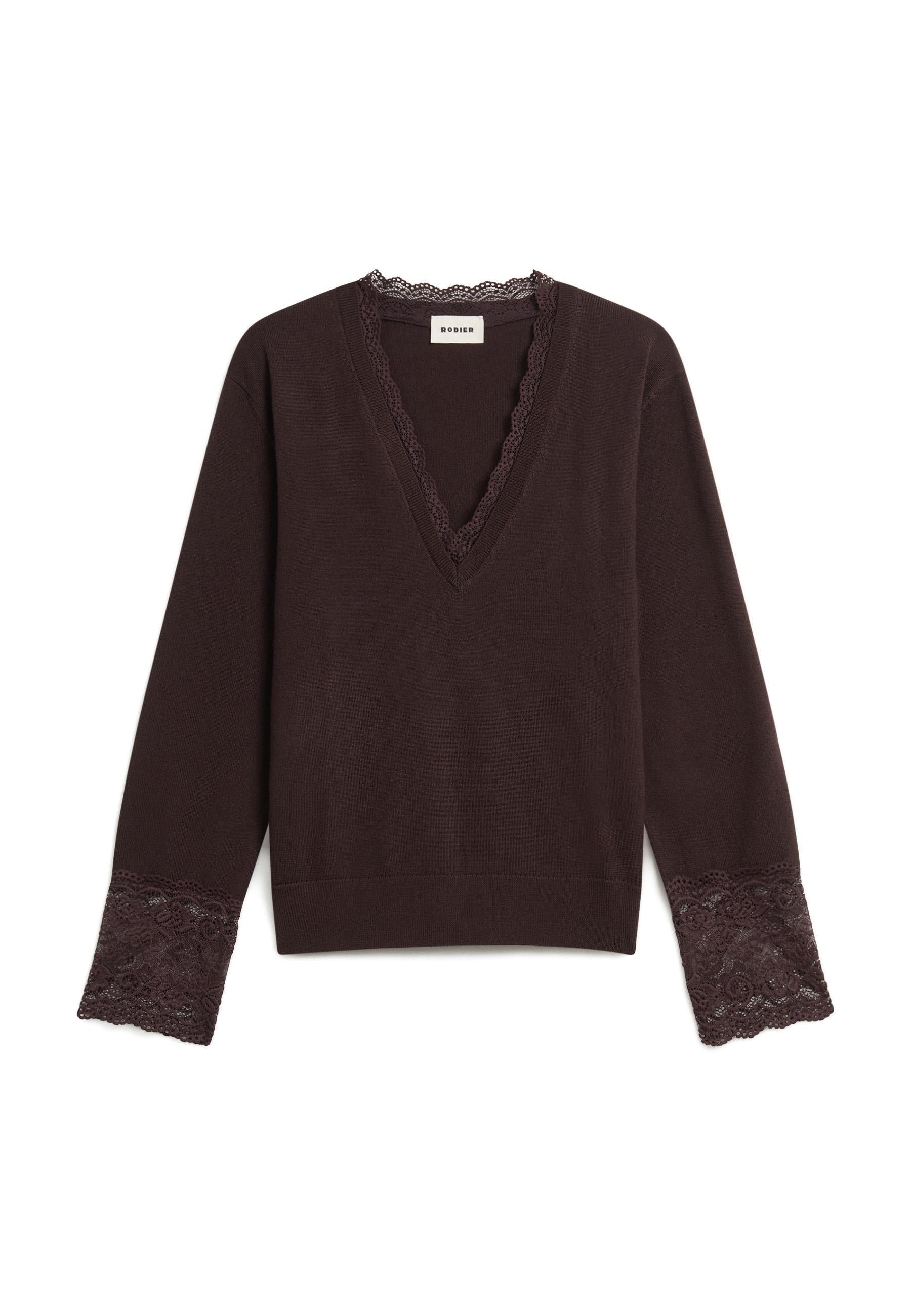 V-neck wool sweater with lace trim RODIER Brown