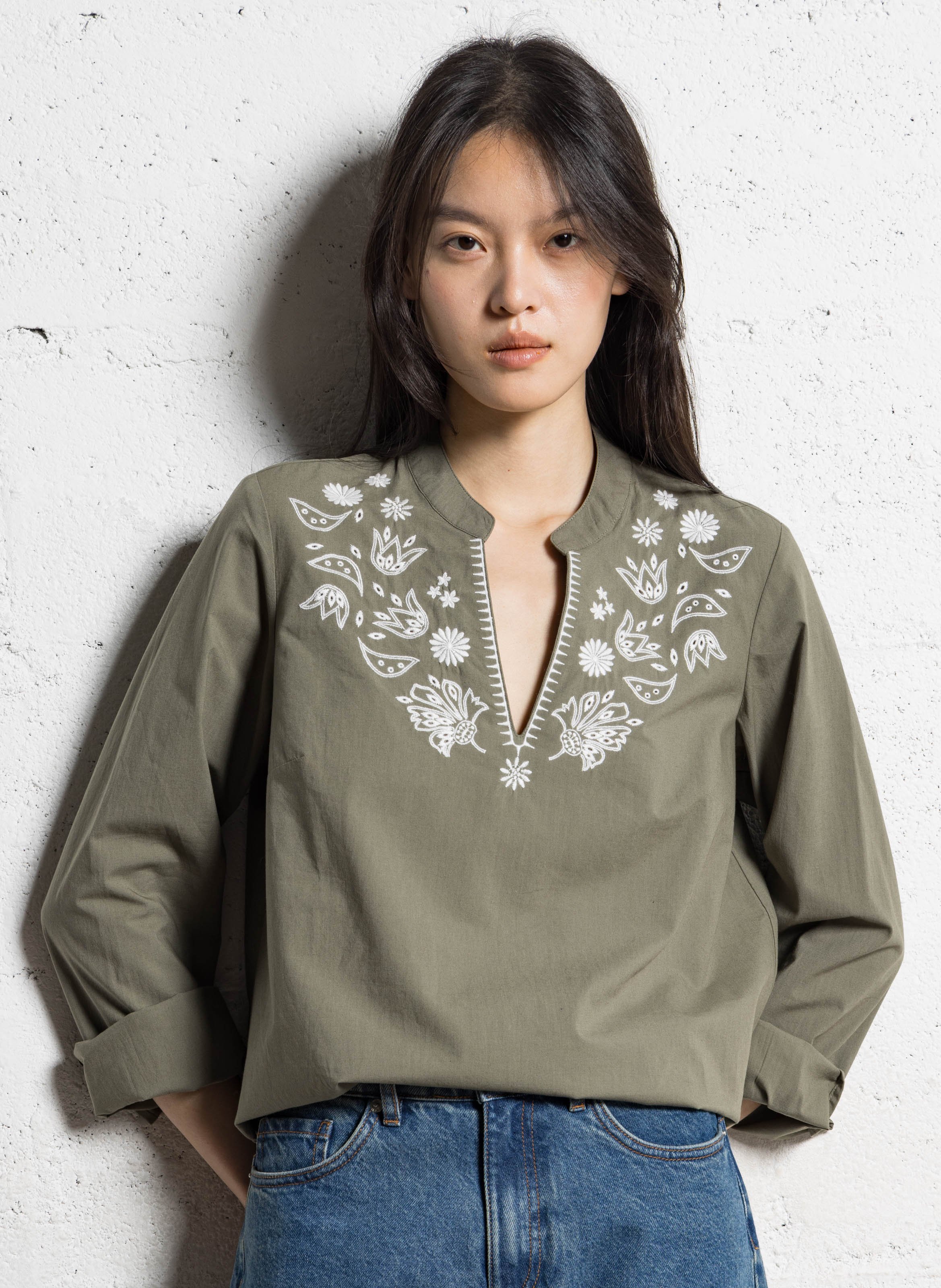 Oversized V-neck cotton embroidered blouse IKKS Khaki