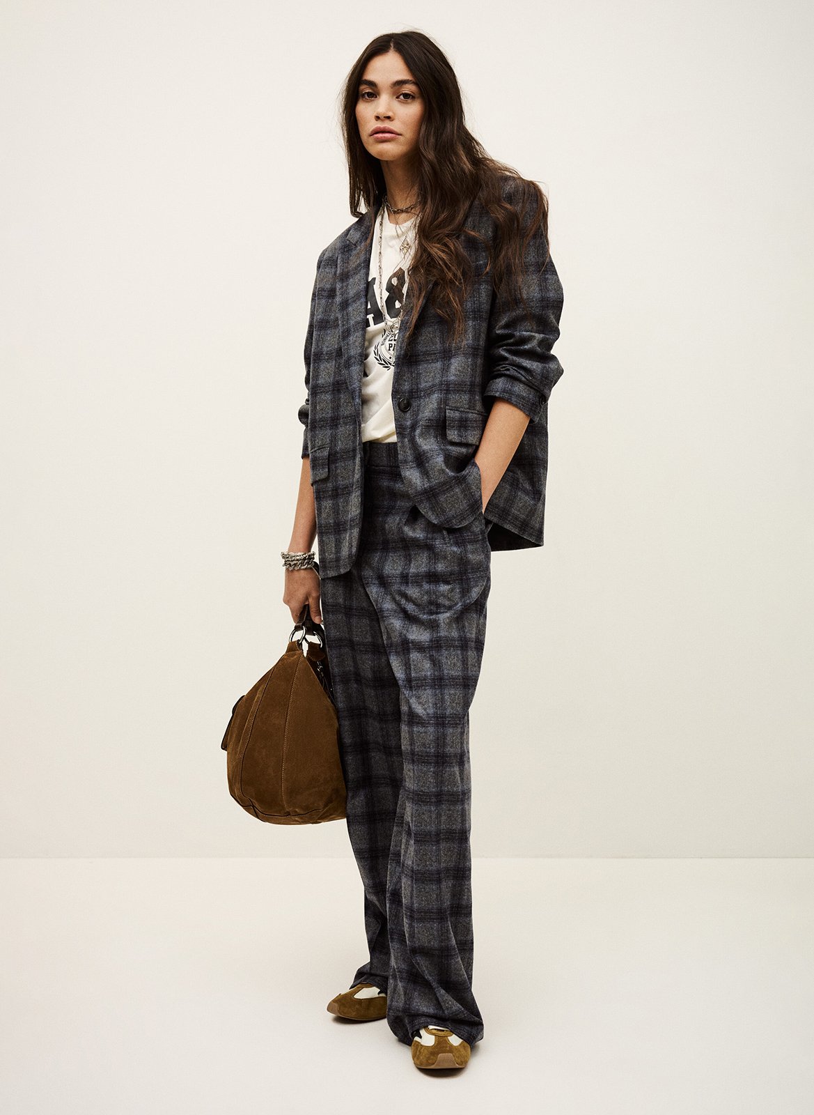 Veste tailleur droite en laine mélangée à carreaux BA&SH Bleu