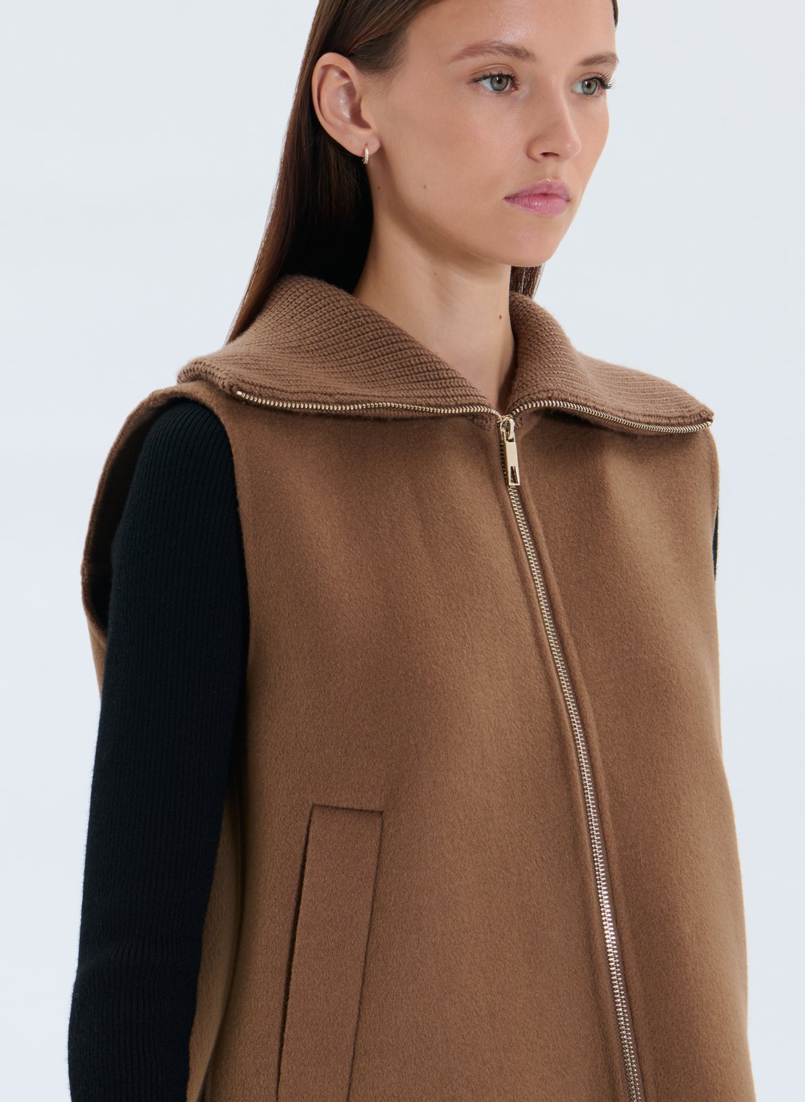 Straight zip-up wool blend vest ZAPA Brown