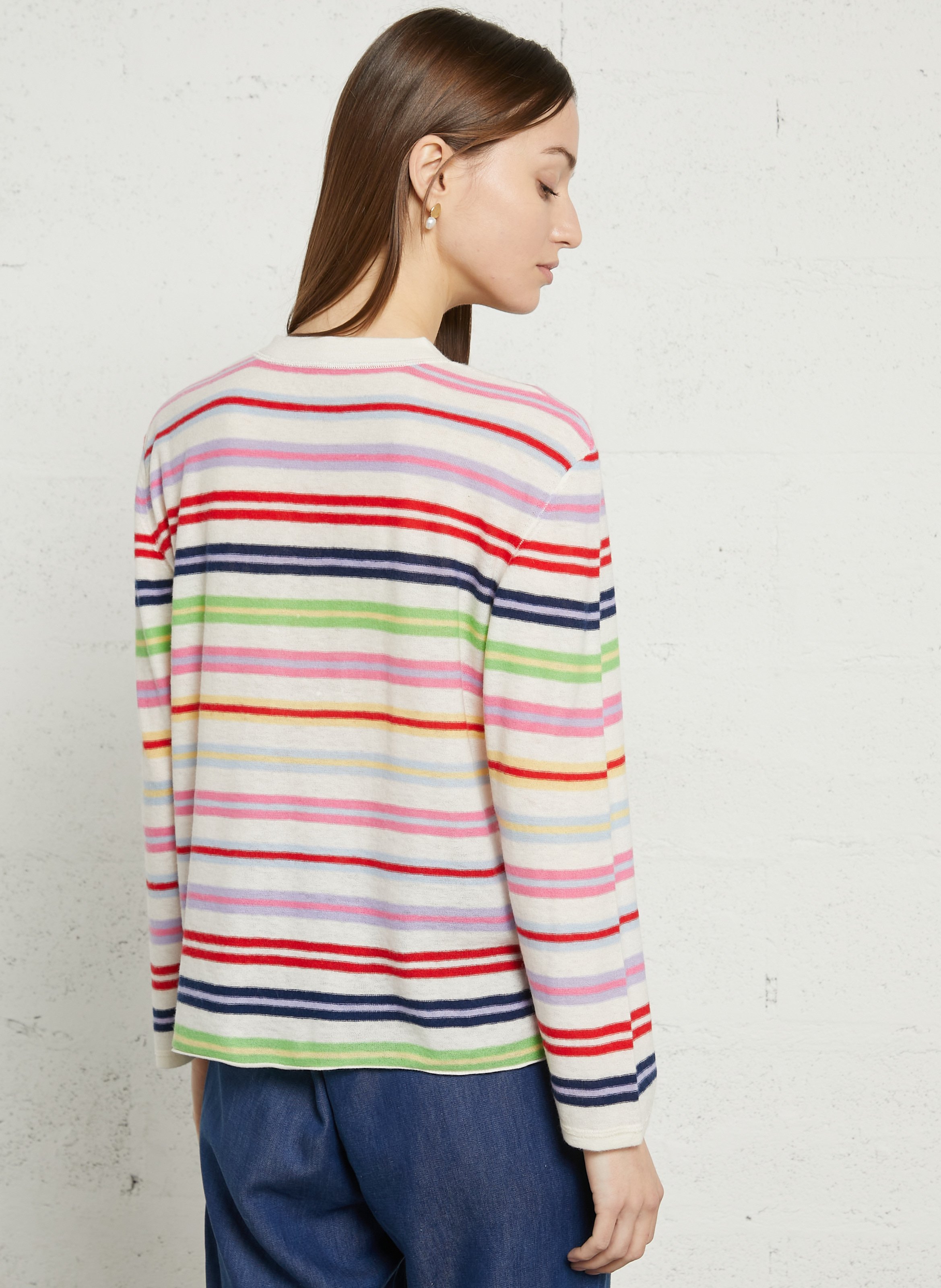 Rundhalsausschnitt-Pullover mit Knopfleiste und Streifenmuster aus Kaschmir MAJESTIC FILATURES Beige