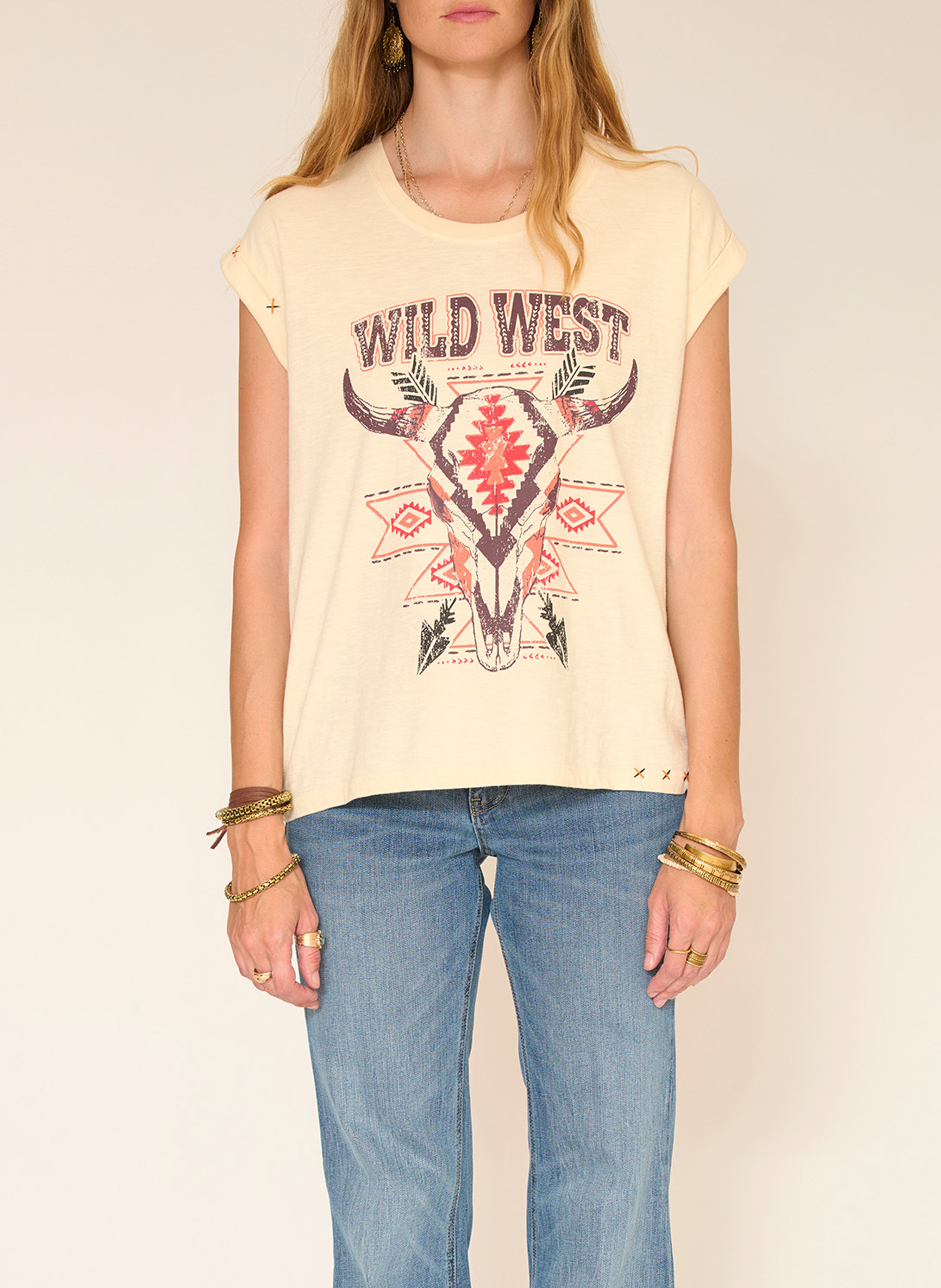 Straight round-neck cotton T-shirt with screen print MKT Beige