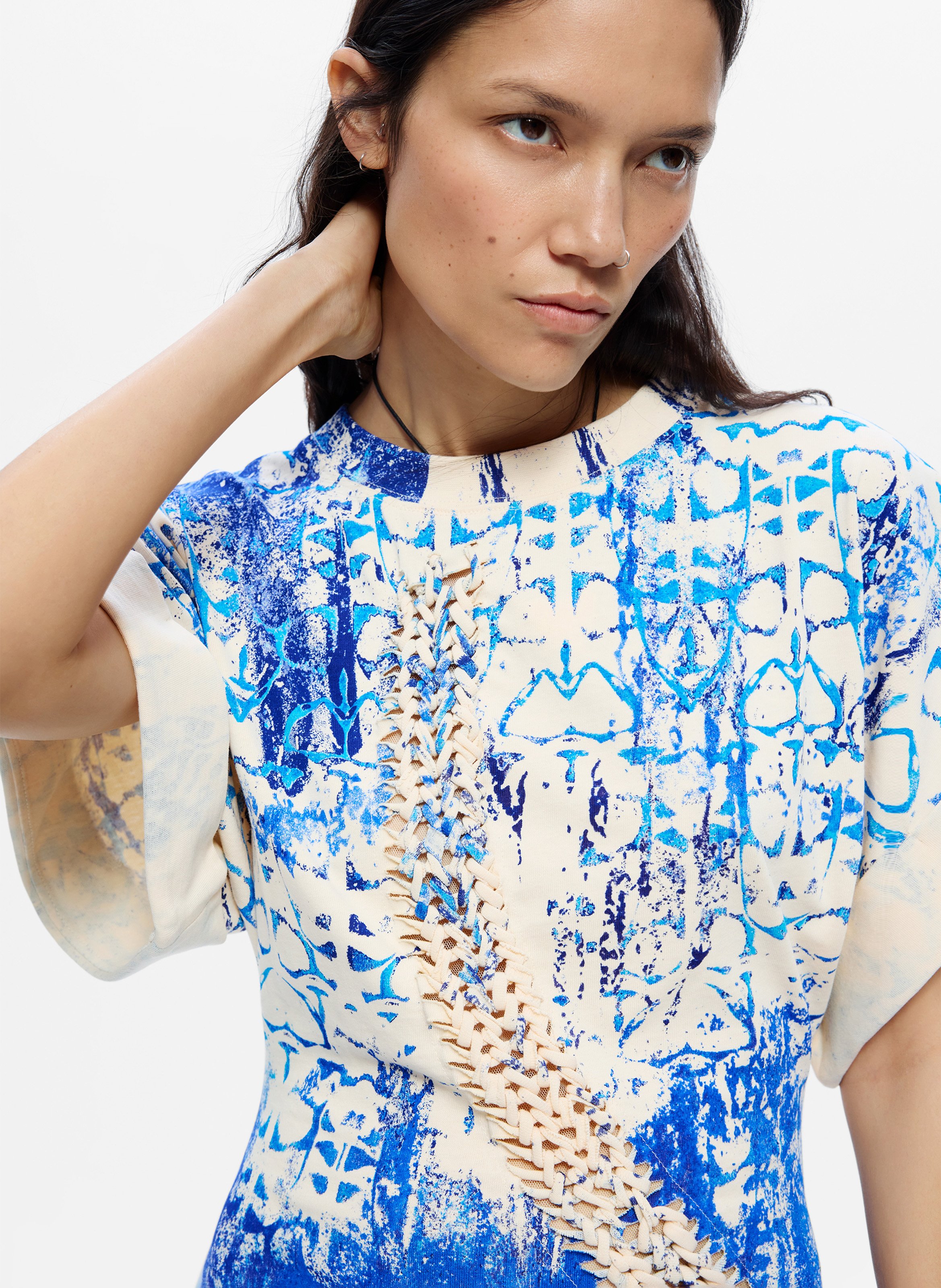 Korte, katoenen jurk met ronde hals en print DESIGUAL Wit