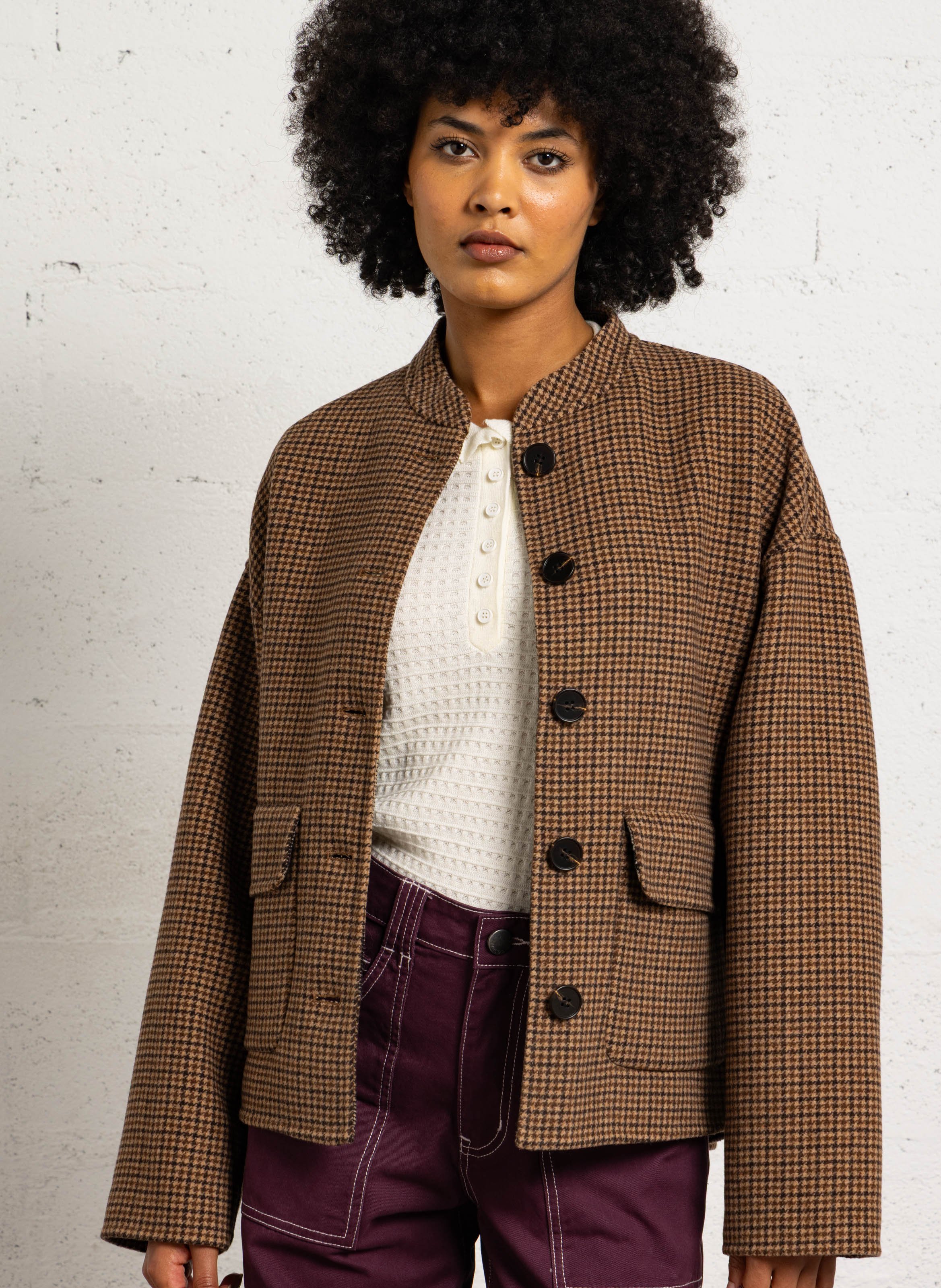 Veste col rond à motif en laine mélangée SUNCOO Marron