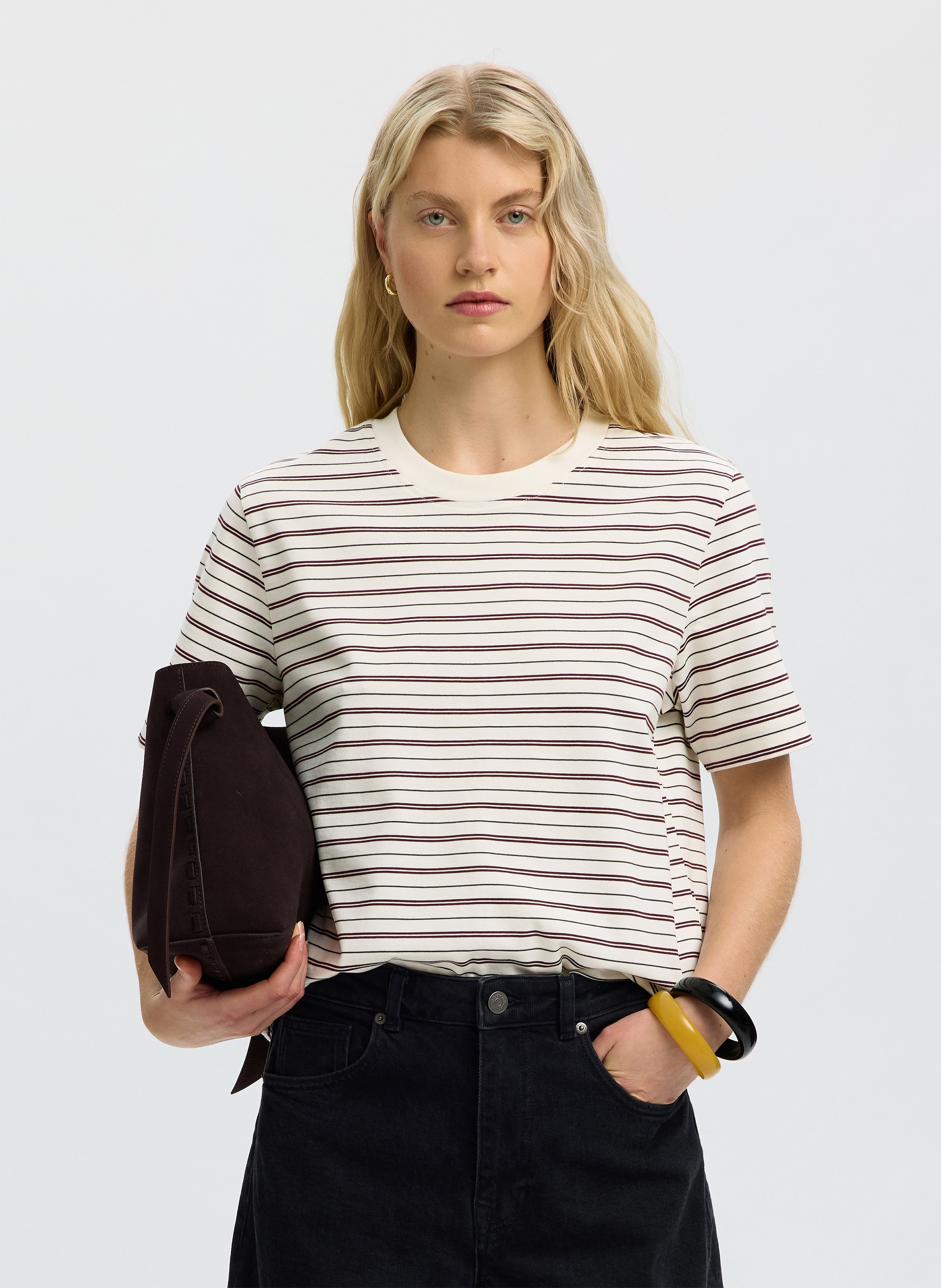 Tee-shirt droit en coton bio rayé SELECTED