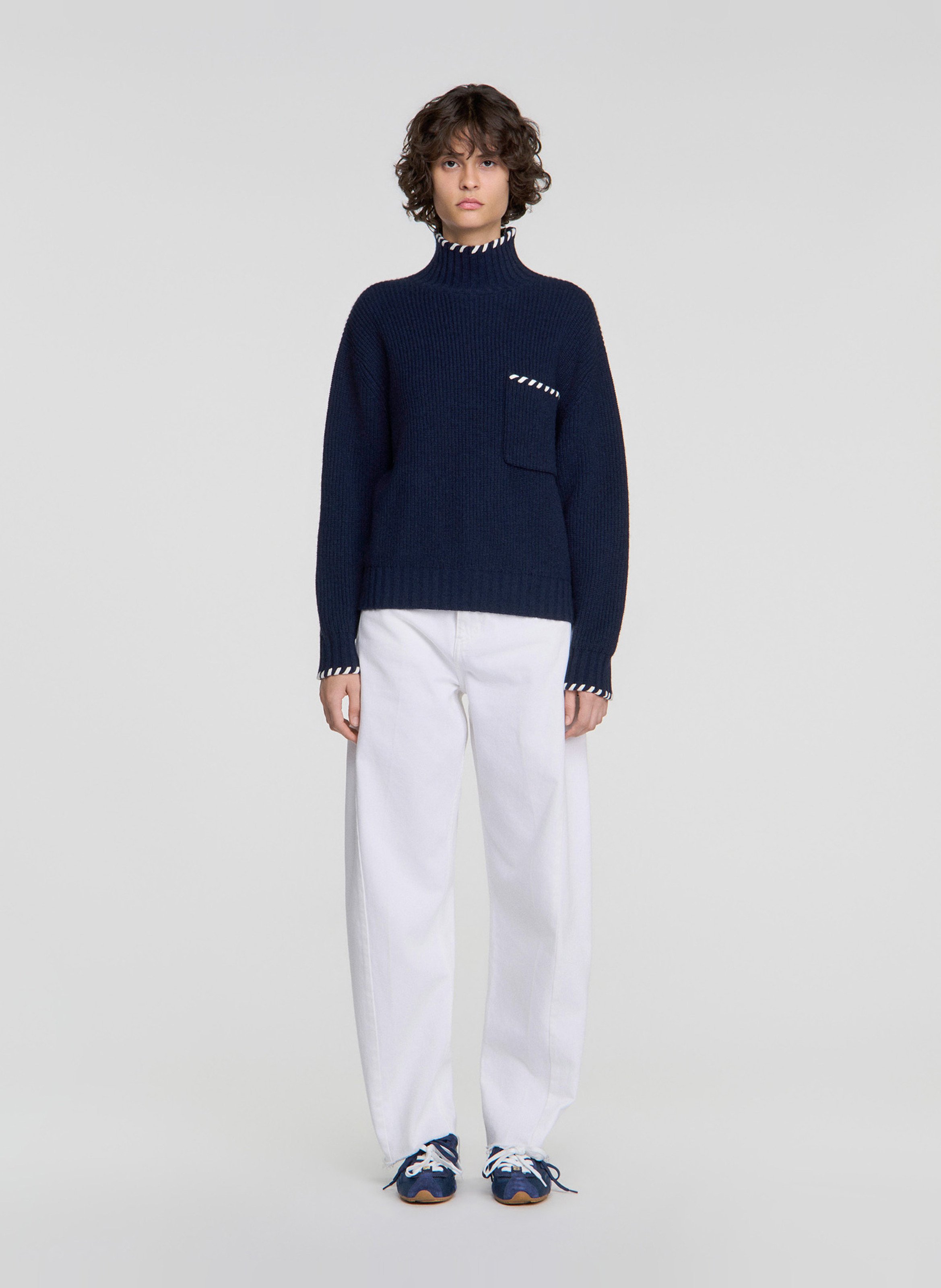 Pull col montant ample en laine SANDRO Bleu