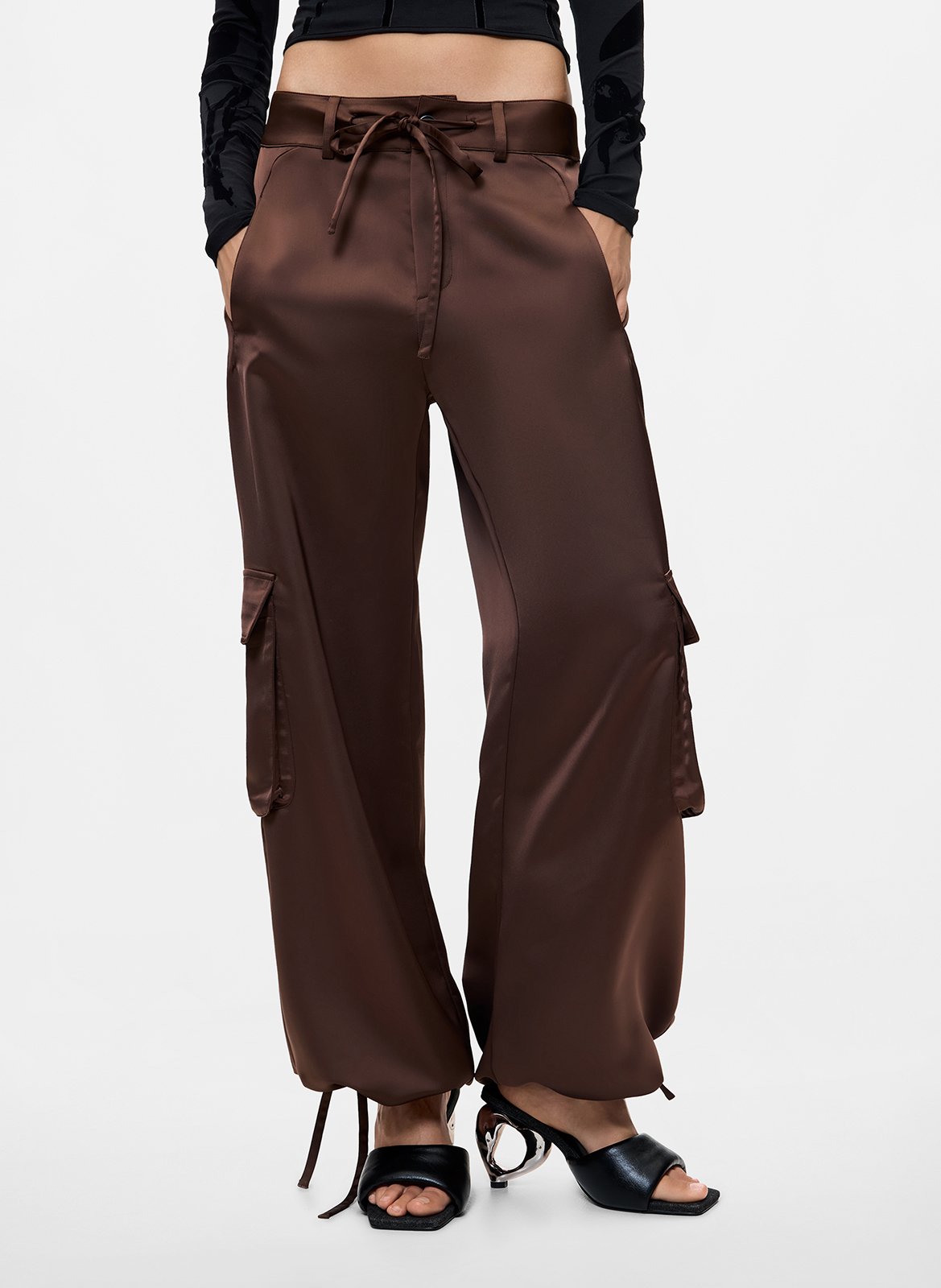 Satin wide leg cargo pants DESIGUAL Brown