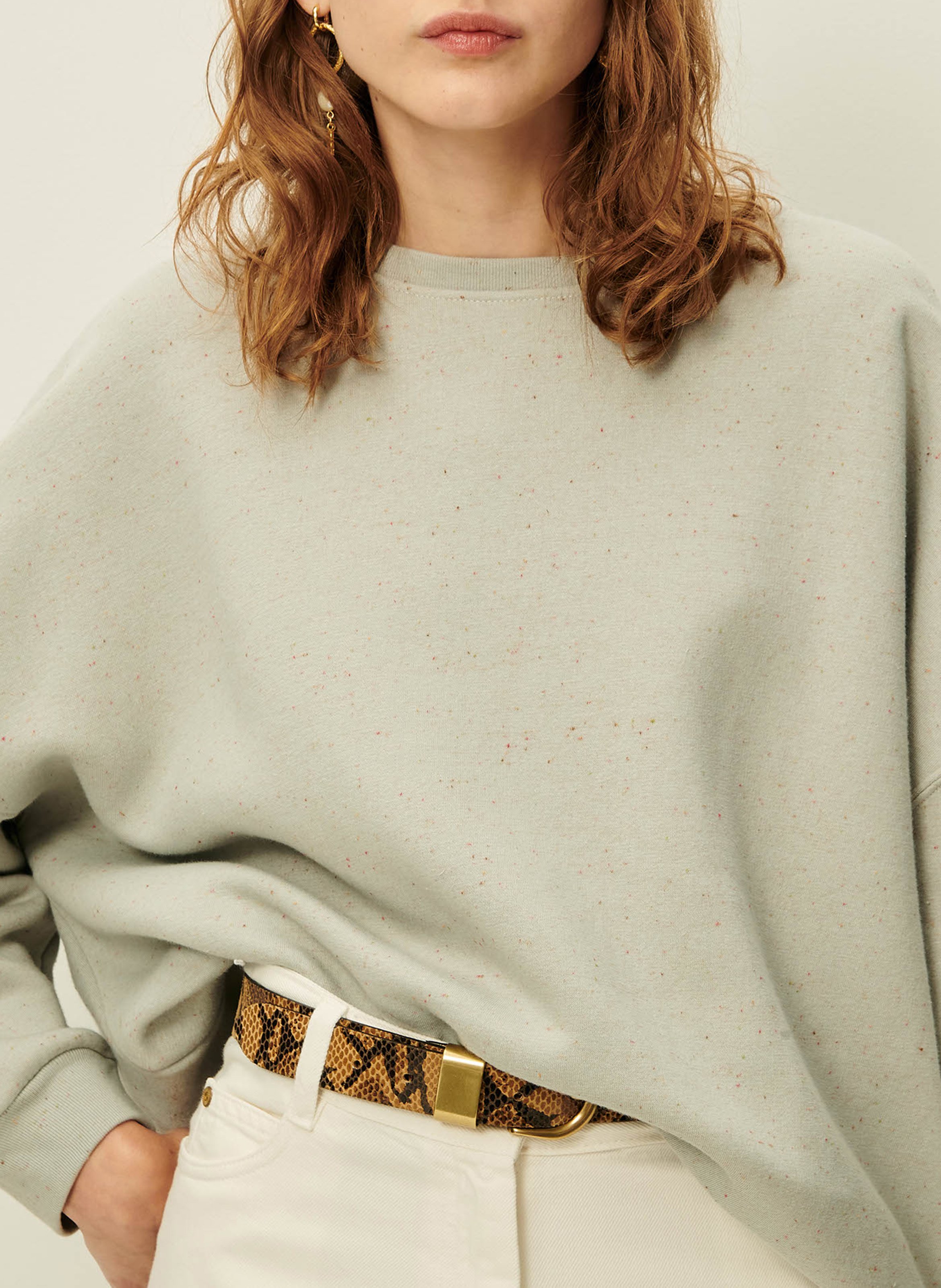 Loose-fit round-neck flecked organic cotton-blend sweater SESSUN Blue