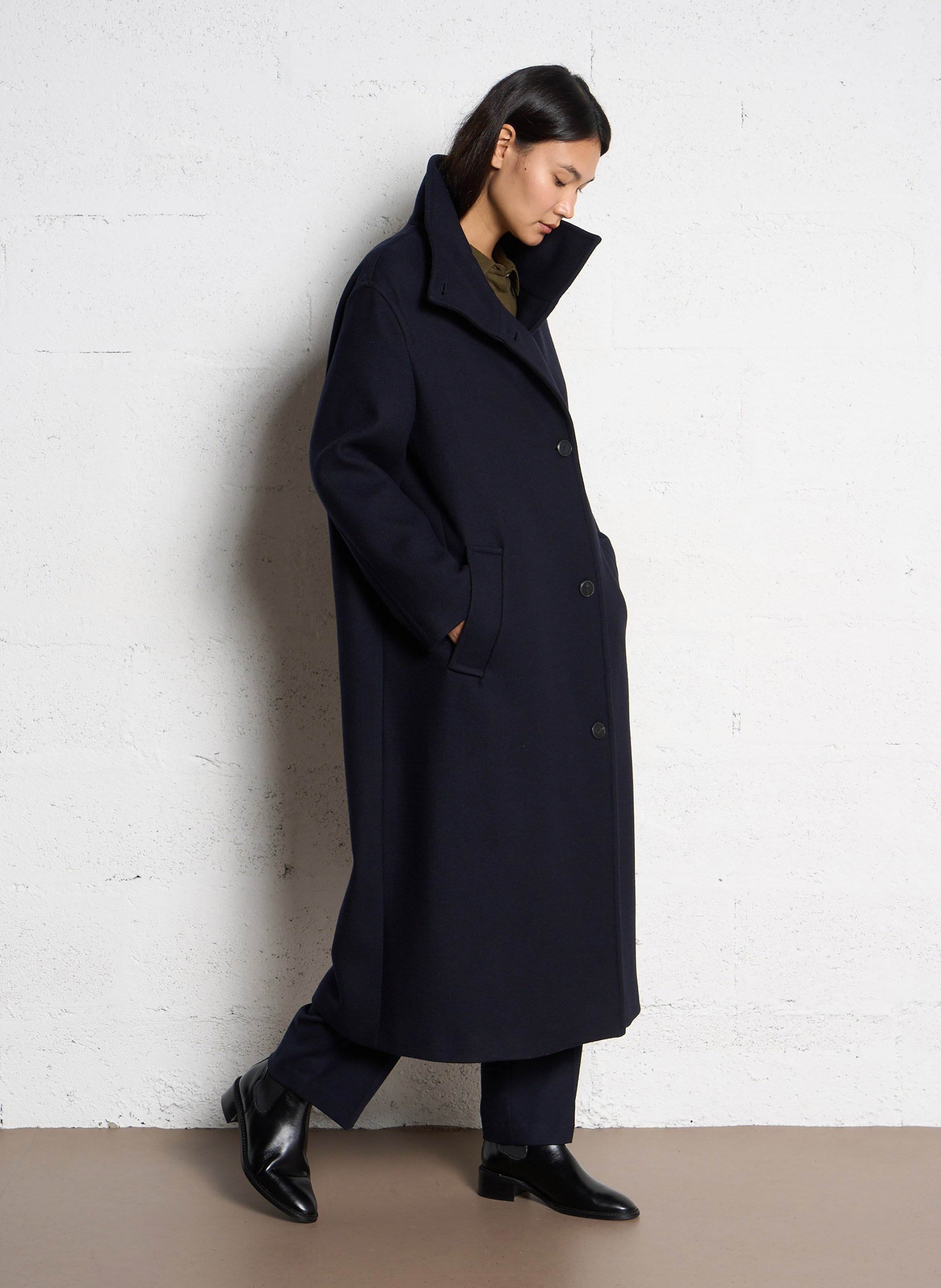 Rechte jas van wolmix met opstaande kraag POMANDERE Blauw