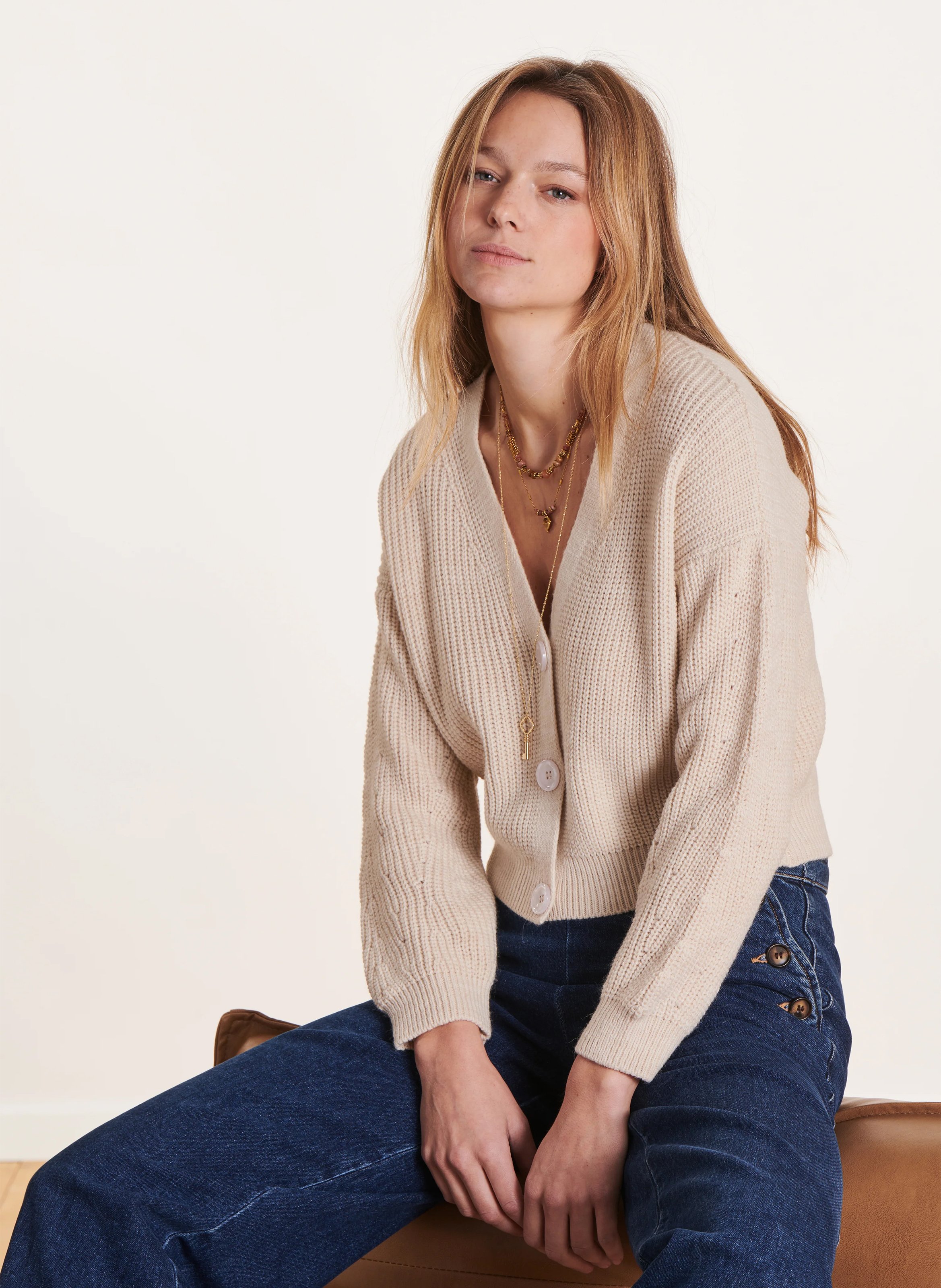 Mixed-knit V-neck cardigan LA FEE MARABOUTEE White