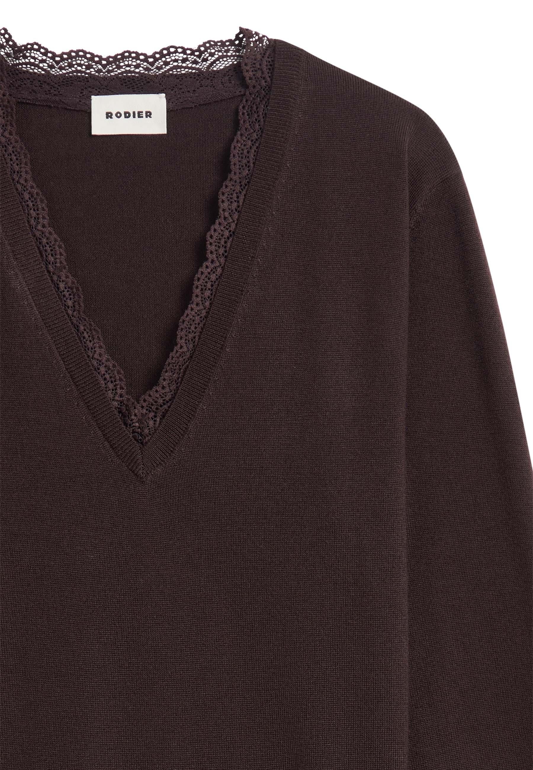 V-neck wool sweater with lace trim RODIER Brown