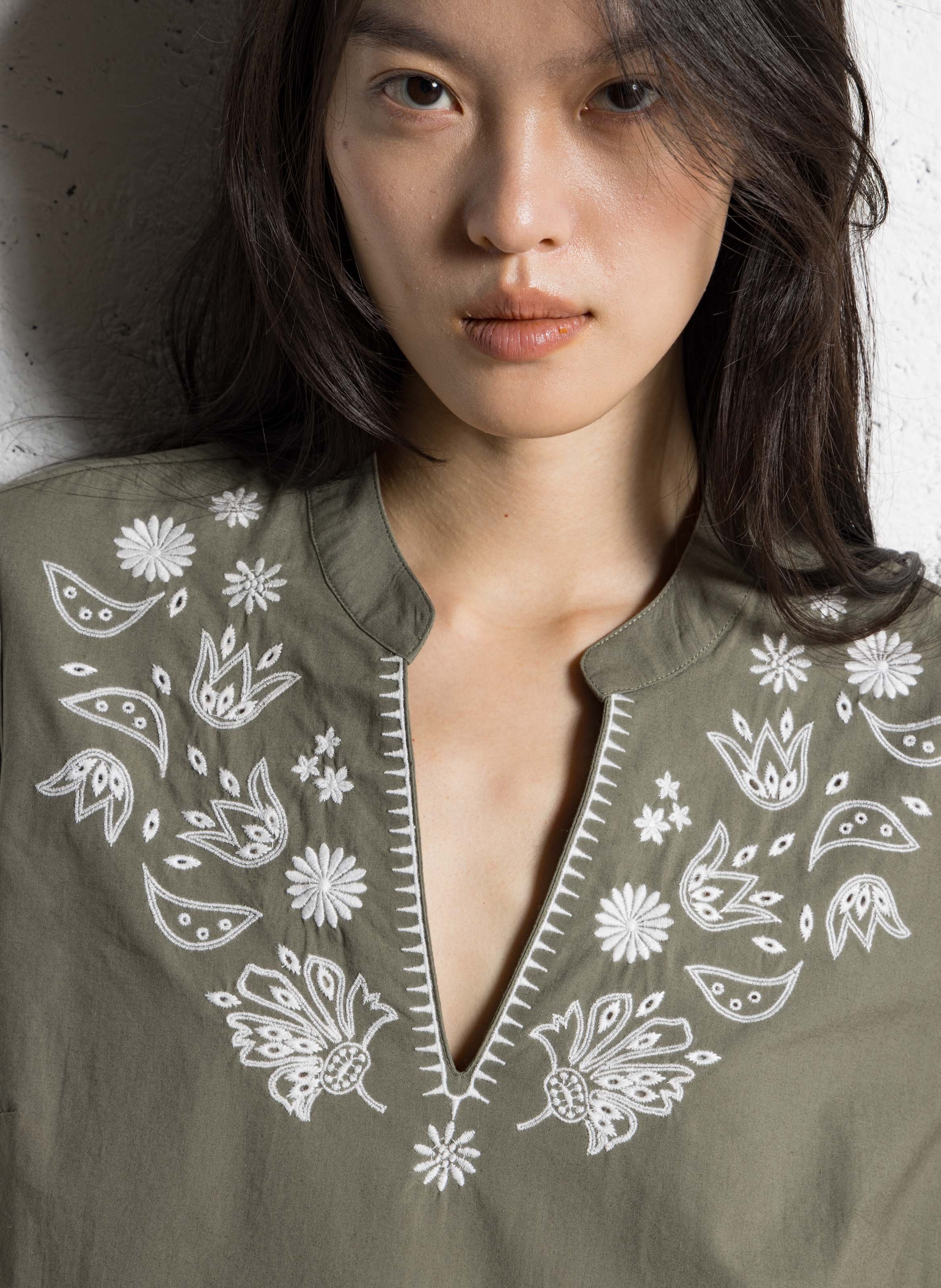 Oversized V-neck cotton embroidered blouse IKKS Khaki