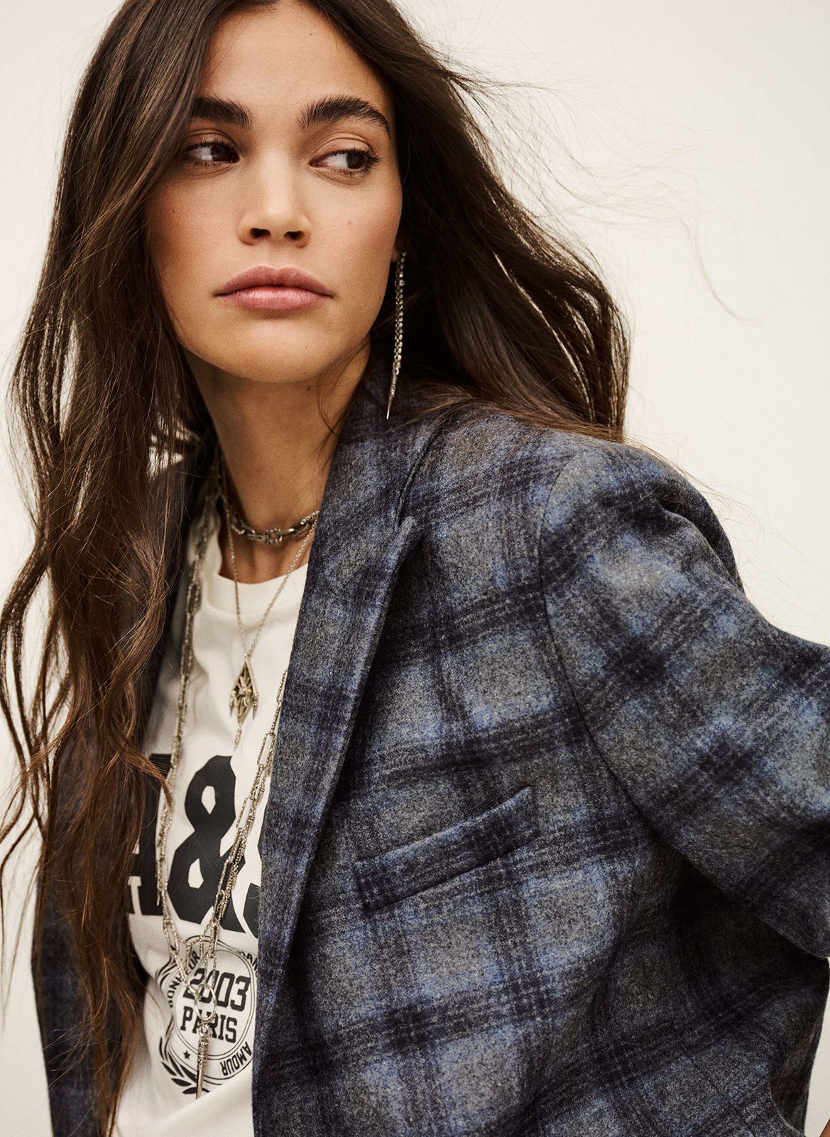 Veste tailleur droite en laine mélangée à carreaux BA&SH Bleu