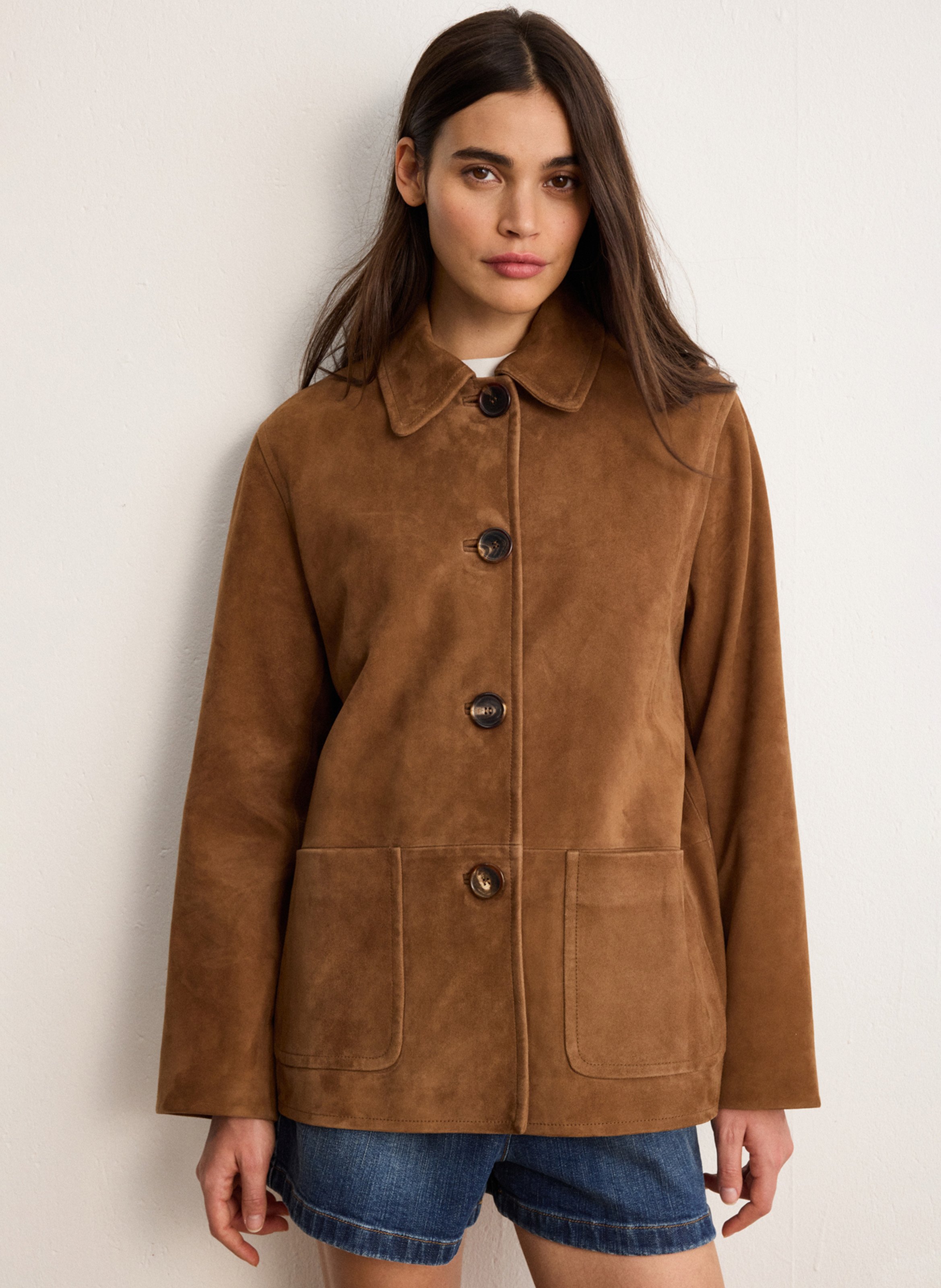 Straight jacket with classic collar in suede leather PABLO Brown