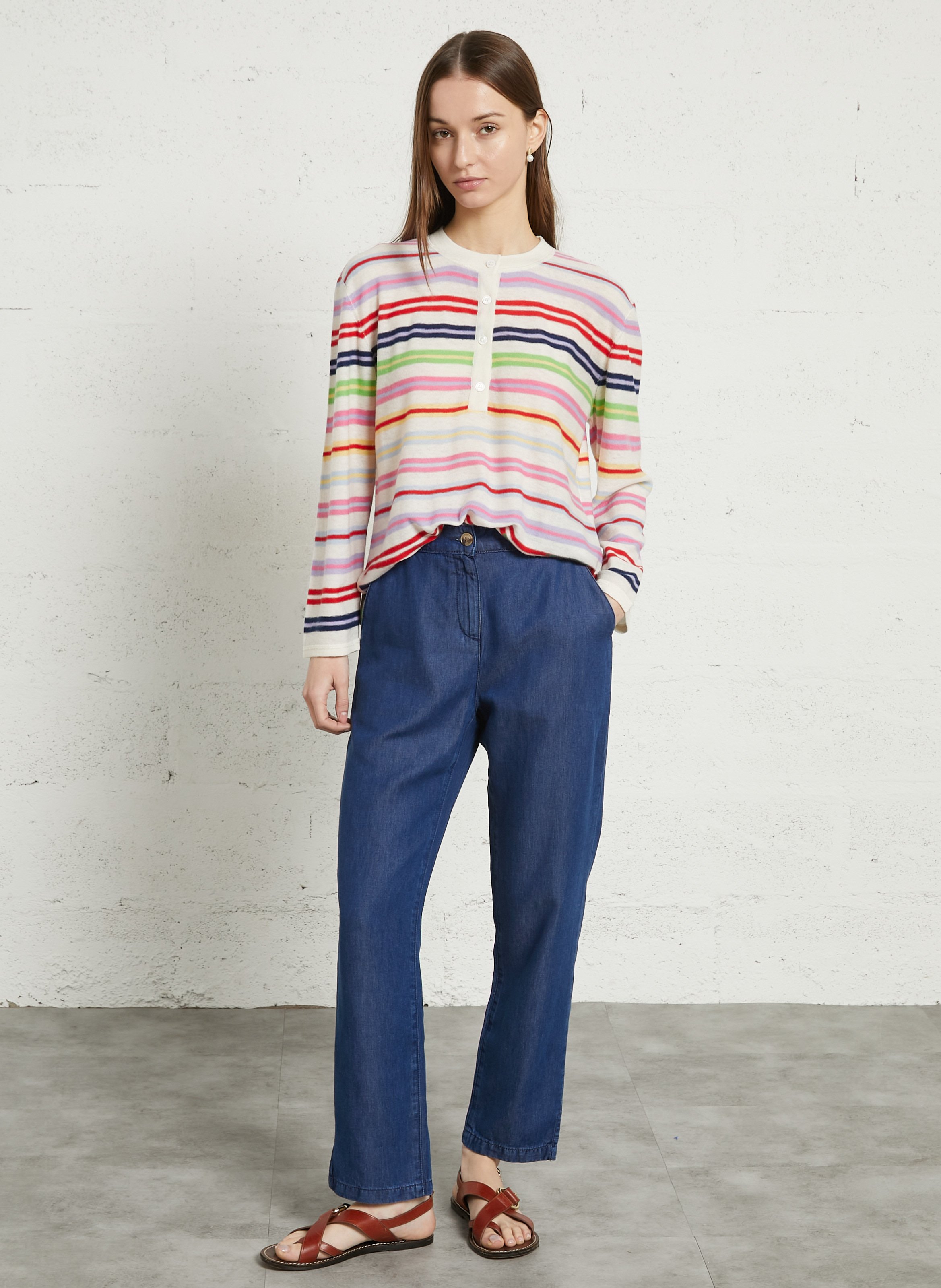 Rundhalsausschnitt-Pullover mit Knopfleiste und Streifenmuster aus Kaschmir MAJESTIC FILATURES Beige