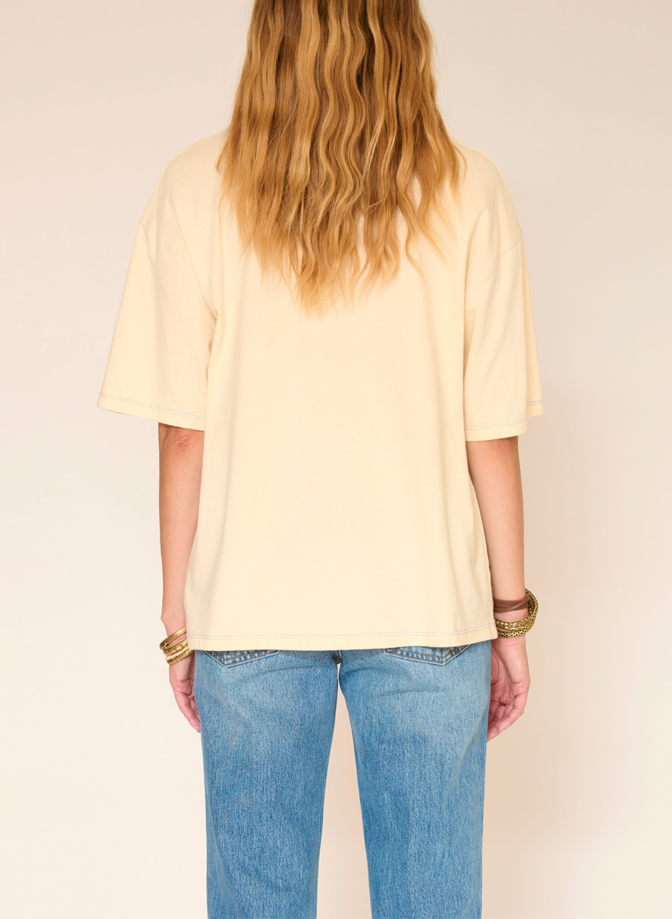 Straight round-neck cotton T-shirt with screen print MKT Beige