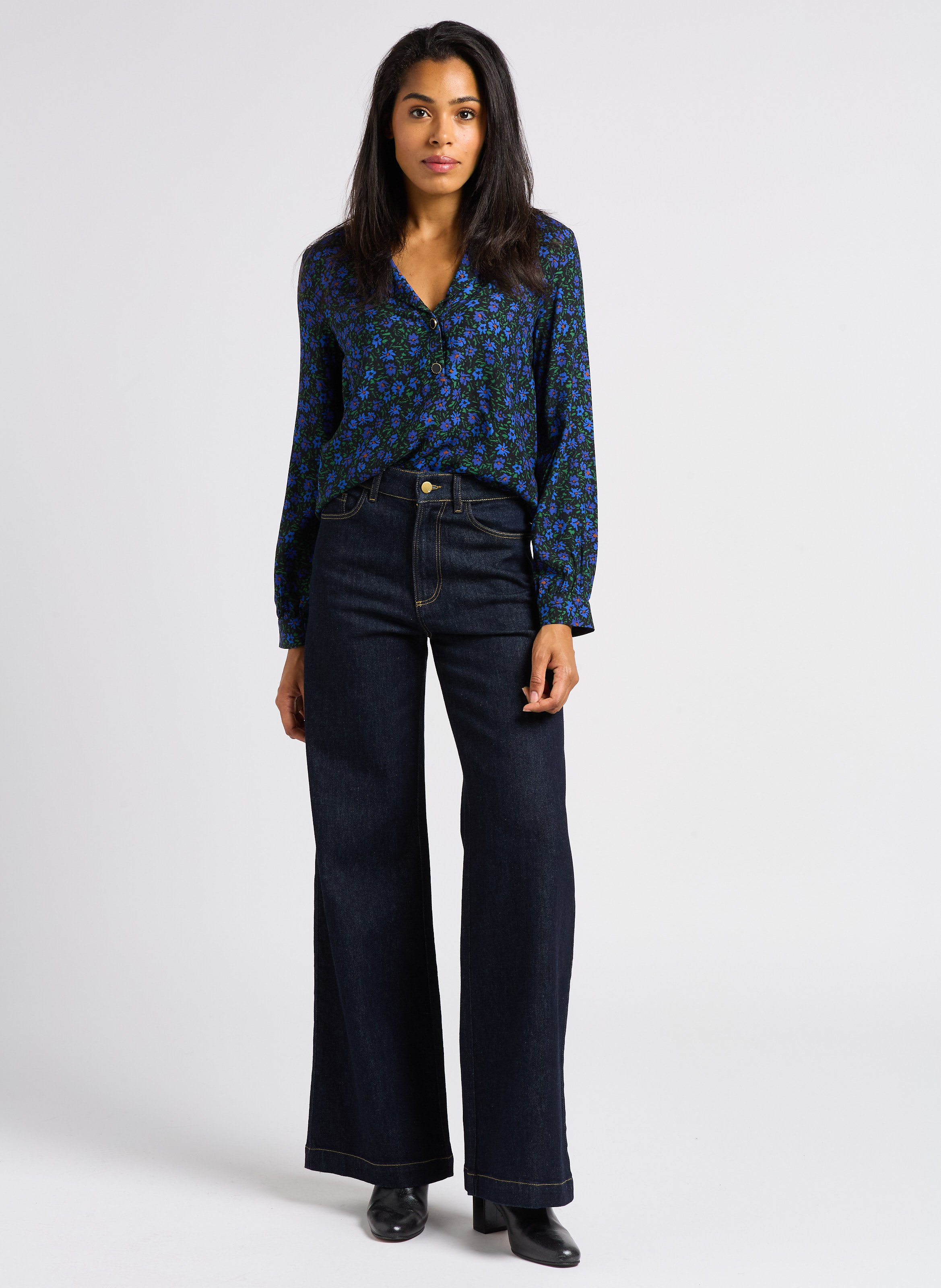 Jean large taille haute en coton I CODE Bleu