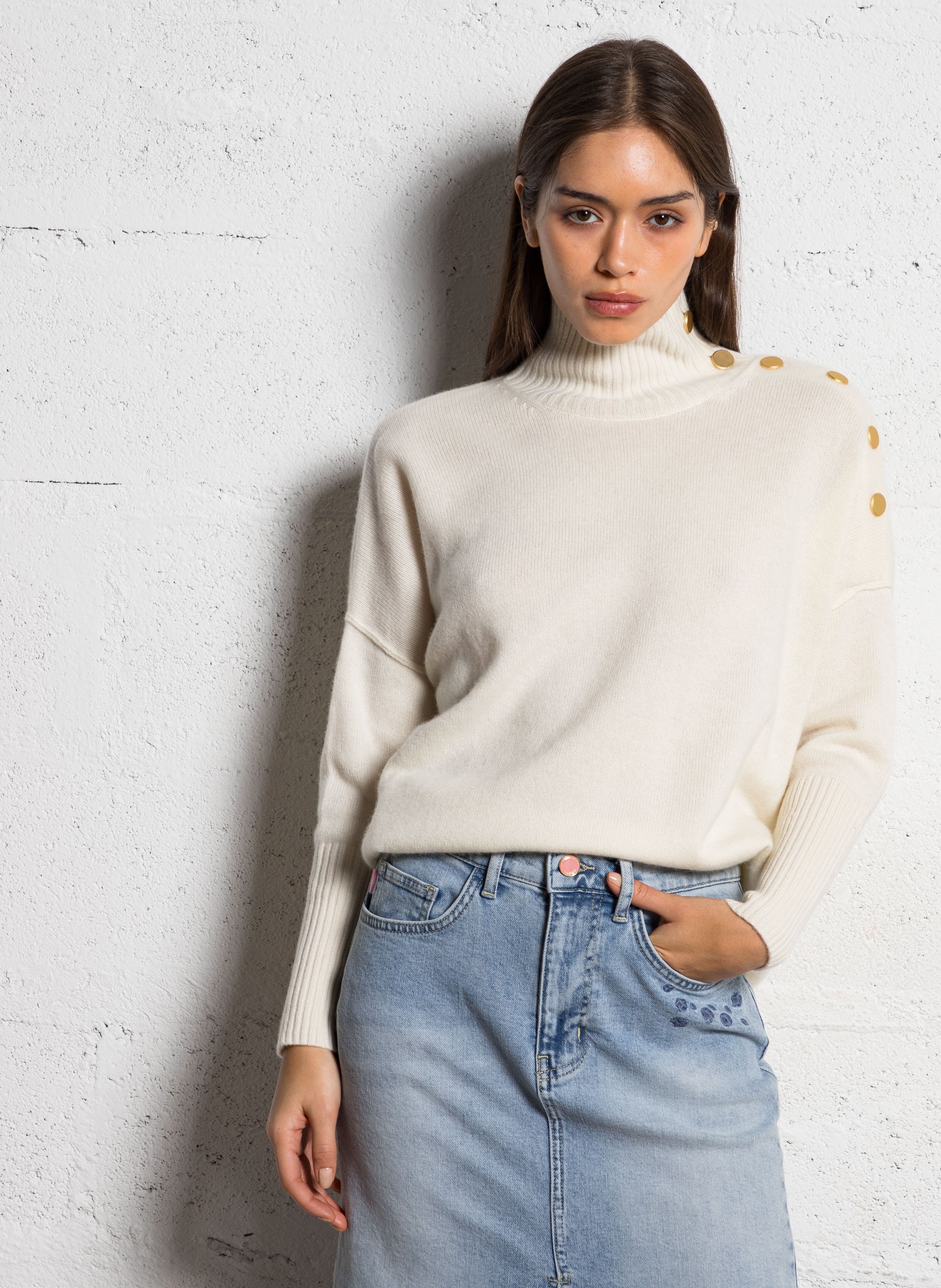 Pull à col montant en cachemire KUJTEN Blanc